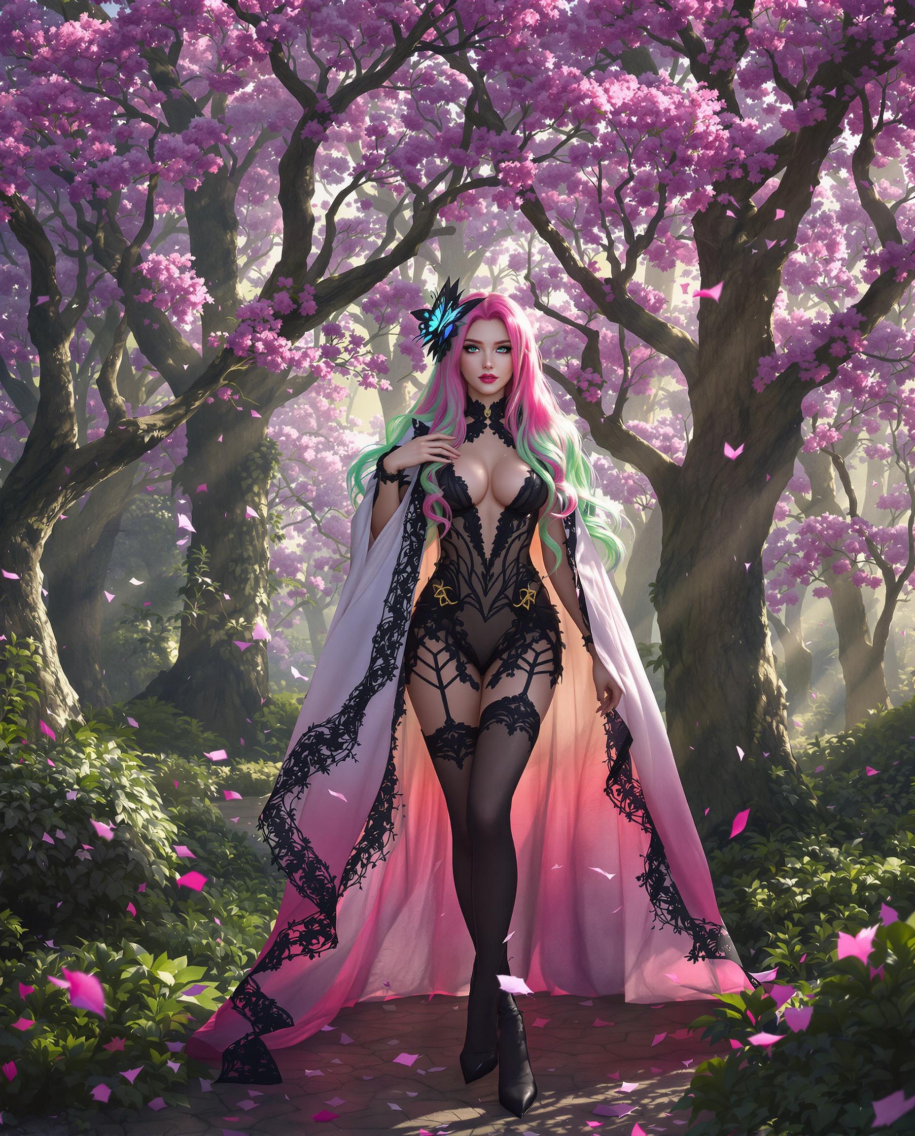 A breathtaking close-up photorealistic digital painting of a female character with a fantastical appearance, standing confidently in a lush, enchanted forest bathed in soft, ethereal morning light. Her long, flowing hair shifts from deep pink at the roots to vibrant green at the tips, accented by a delicate butterfly accessory, while her intricate costume includes a black bodice with a plunging V-neckline, a gradient white-to-pink cape with black lace trim, matching thigh-high stockings, and high-heeled boots. The magical background features towering trees with purple blooms, petals falling gently, illuminated by a diffused, mystical glow, rendered in a rich palette of purples, pinks, and greens with cinematic detail and 8K resolution.