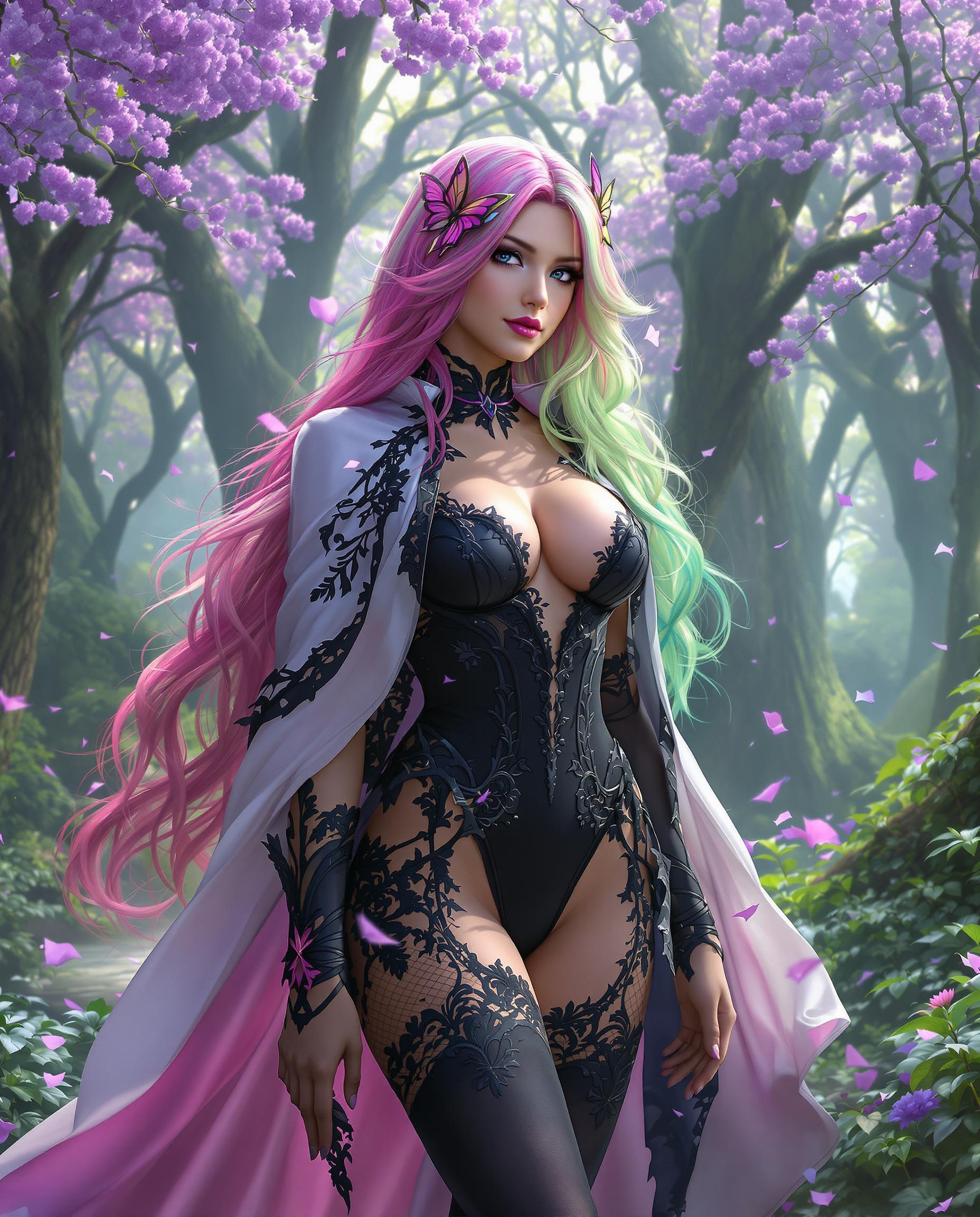 A breathtaking close-up photorealistic digital painting of a female character with a fantastical appearance, standing confidently in a lush, enchanted forest bathed in soft, ethereal morning light. Her long, flowing hair shifts from deep pink at the roots to vibrant green at the tips, accented by a delicate butterfly accessory, while her intricate costume includes a black bodice with a plunging V-neckline, a gradient white-to-pink cape with black lace trim, matching thigh-high stockings, and high-heeled boots. The magical background features towering trees with purple blooms, petals falling gently, illuminated by a diffused, mystical glow, rendered in a rich palette of purples, pinks, and greens with cinematic detail and 8K resolution.