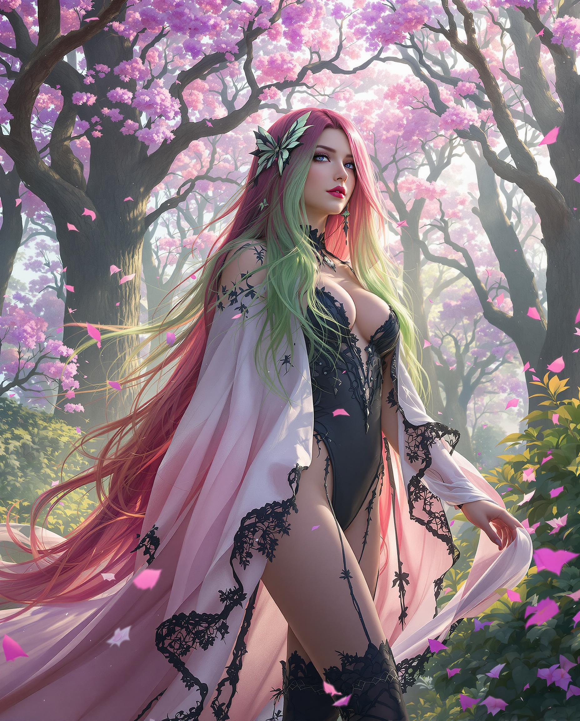 A breathtaking close-up photorealistic digital painting of a female character with a fantastical appearance, standing confidently in a lush, enchanted forest bathed in soft, ethereal morning light. Her long, flowing hair shifts from deep pink at the roots to vibrant green at the tips, accented by a delicate butterfly accessory, while her intricate costume includes a black bodice with a plunging V-neckline, a gradient white-to-pink cape with black lace trim, matching thigh-high stockings, and high-heeled boots. The magical background features towering trees with purple blooms, petals falling gently, illuminated by a diffused, mystical glow, rendered in a rich palette of purples, pinks, and greens with cinematic detail and 8K resolution.
