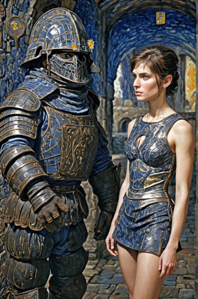 a female warrior in a castle corridor
