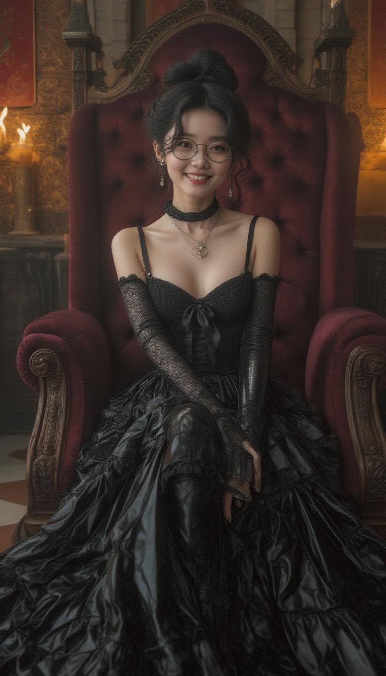 A hyper-realistic portrait of a young, elegant Chinese woman exuding timeless sensuality, dressed in a Victorian-era Lolita gown of glossy black latex that reflects light with liquid-like brilliance, highlighting every detailed ruffle and bow, paired with dark red lace gloves and shiny latex ankle boots with 6-inch chunky heels and polished silver buckles. Her romantic black updo with cascading curls frames her angelic face, adorned with quirky wire-rimmed glasses and a warm, approachable smile, as she sits gracefully on a velvet couch in a grand medieval throne room, captured from a low angle with cinematic depth of field using a 50mm lens in 8K detail. The opulent stone walls, ancient tapestries, flickering torchlight casting golden glows, and eerie demonic figures lurking in the shadowy background create a nostalgic, high-contrast atmosphere of serene beauty and dramatic tension.