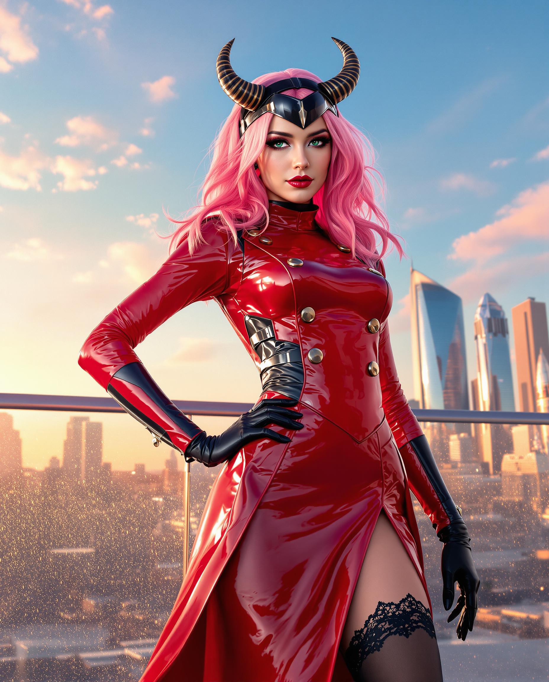 A stunning photorealistic portrait of a female figure dressed in a striking red and black superhero costume with a glossy finish, featuring a high-collared, double-breasted top with shiny buttons, fitted sleeves with black gloves, and a flared skirt with a high slit and lace-detailed stockings, standing confidently against a vibrant modern cityscape at golden hour. Her vibrant pink hair with lighter tips flows in waves, accented by a horned headband, bold makeup with striking green eyes and deep red lips, captured with cinematic lighting, a 50mm lens, shallow depth of field, and 8K ultra-detailed resolution. The scene blends photography and digital painting, with expertly rendered shadows and a gradient blue sky with wispy clouds, exuding drama and dynamic energy.