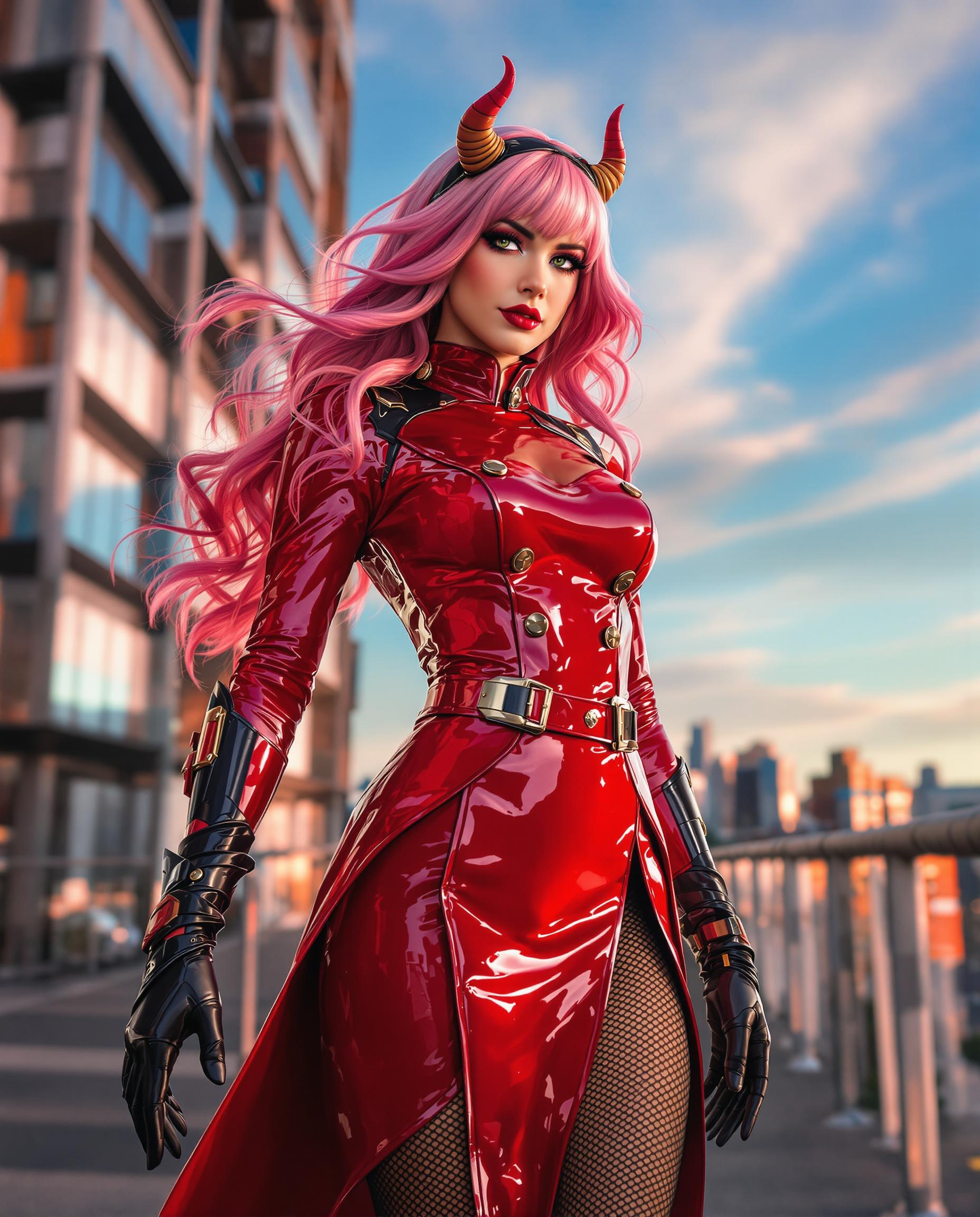 A stunning photorealistic portrait of a female figure dressed in a striking red and black superhero costume with a glossy finish, featuring a high-collared, double-breasted top with shiny buttons, fitted sleeves with black gloves, and a flared skirt with a high slit and lace-detailed stockings, standing confidently against a vibrant modern cityscape at golden hour. Her vibrant pink hair with lighter tips flows in waves, accented by a horned headband, bold makeup with striking green eyes and deep red lips, captured with cinematic lighting, a 50mm lens, shallow depth of field, and 8K ultra-detailed resolution. The scene blends photography and digital painting, with expertly rendered shadows and a gradient blue sky with wispy clouds, exuding drama and dynamic energy.