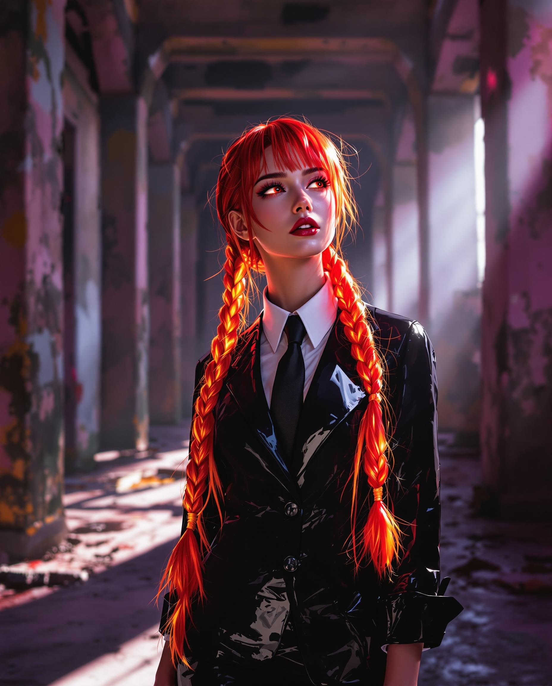 A stunning photorealistic portrait of a female character with striking red hair in fiery, luminous braids that transition from orange at the roots to bright red at the tips, cascading down her back with a smooth, glowing texture. She wears a formal black suit with a glossy, reflective wet-look finish, a buttoned jacket, white shirt, black tie, and rolled-up sleeves revealing forearms with the same shiny texture, captured in dramatic sunlight streaming from the right. The scene unfolds in an abandoned, weathered structure with crumbling columns and a grimy floor, where sharp shadows and vibrant contrasts of warm hair tones against cool, purple-tinged surroundings create a cinematic 8K composition with a 50mm lens and shallow depth of field.