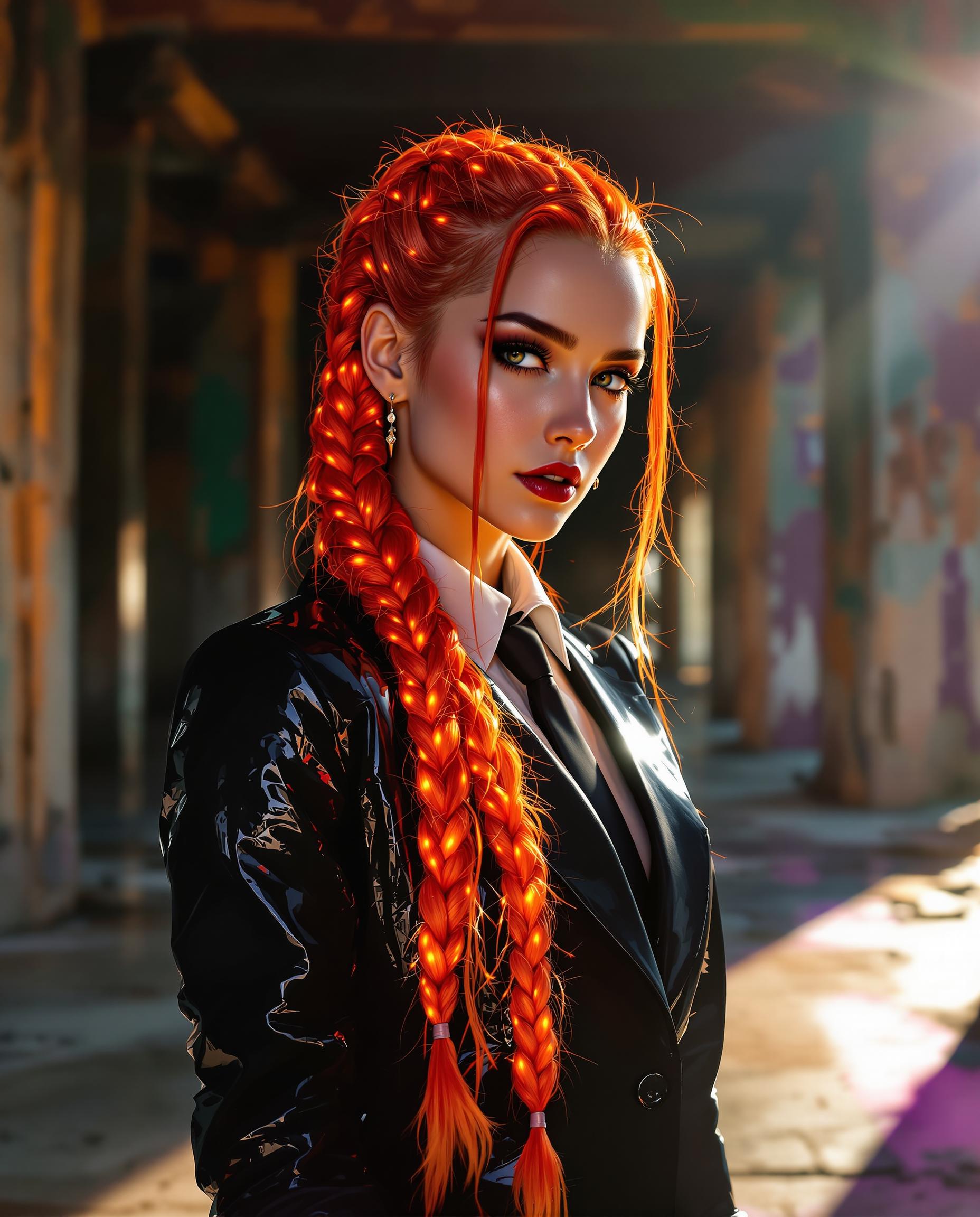 A stunning photorealistic portrait of a female character with striking red hair in fiery, luminous braids that transition from orange at the roots to bright red at the tips, cascading down her back with a smooth, glowing texture. She wears a formal black suit with a glossy, reflective wet-look finish, a buttoned jacket, white shirt, black tie, and rolled-up sleeves revealing forearms with the same shiny texture, captured in dramatic sunlight streaming from the right. The scene unfolds in an abandoned, weathered structure with crumbling columns and a grimy floor, where sharp shadows and vibrant contrasts of warm hair tones against cool, purple-tinged surroundings create a cinematic 8K composition with a 50mm lens and shallow depth of field.