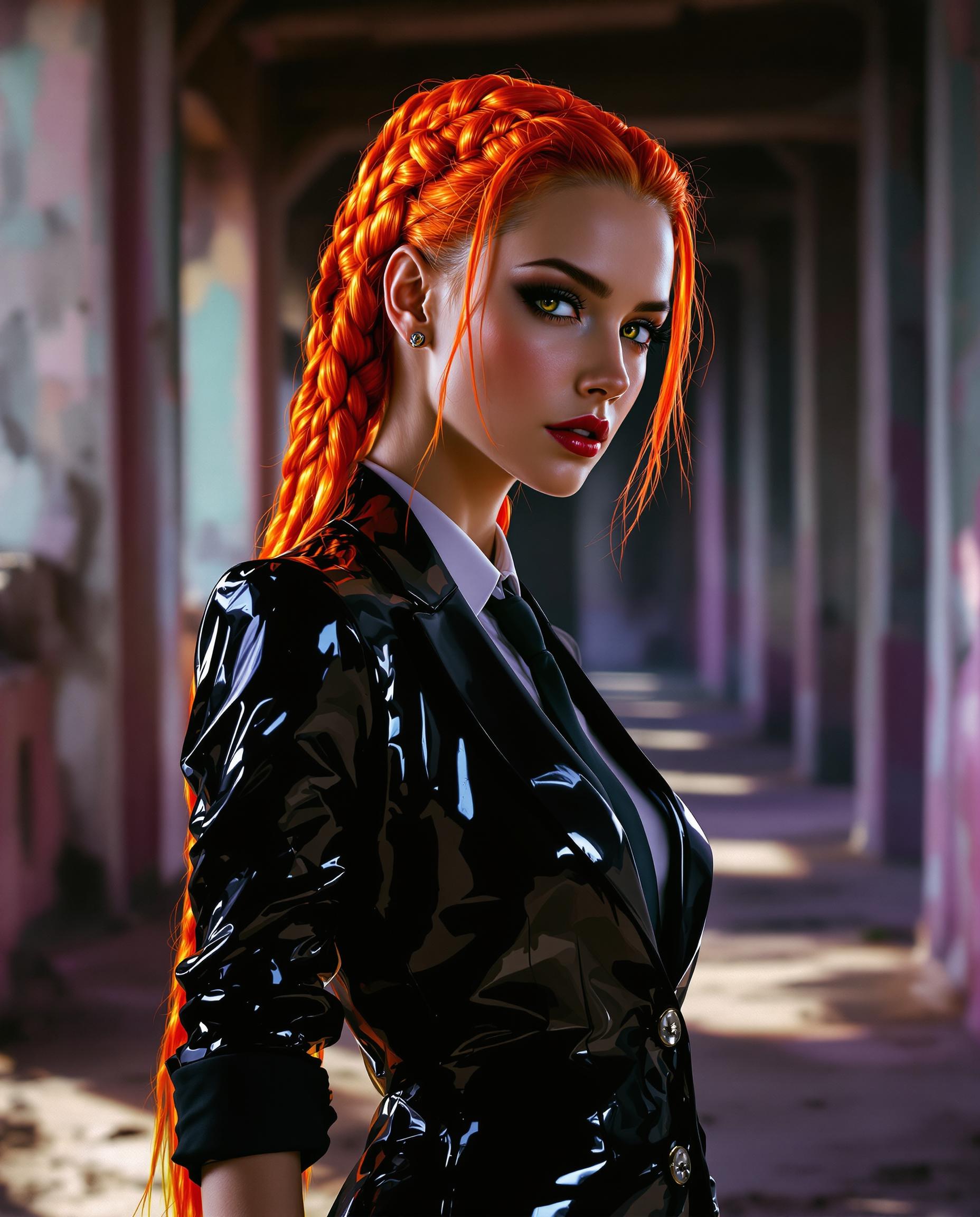 A stunning photorealistic portrait of a female character with striking red hair in fiery, luminous braids that transition from orange at the roots to bright red at the tips, cascading down her back with a smooth, glowing texture. She wears a formal black suit with a glossy, reflective wet-look finish, a buttoned jacket, white shirt, black tie, and rolled-up sleeves revealing forearms with the same shiny texture, captured in dramatic sunlight streaming from the right. The scene unfolds in an abandoned, weathered structure with crumbling columns and a grimy floor, where sharp shadows and vibrant contrasts of warm hair tones against cool, purple-tinged surroundings create a cinematic 8K composition with a 50mm lens and shallow depth of field.