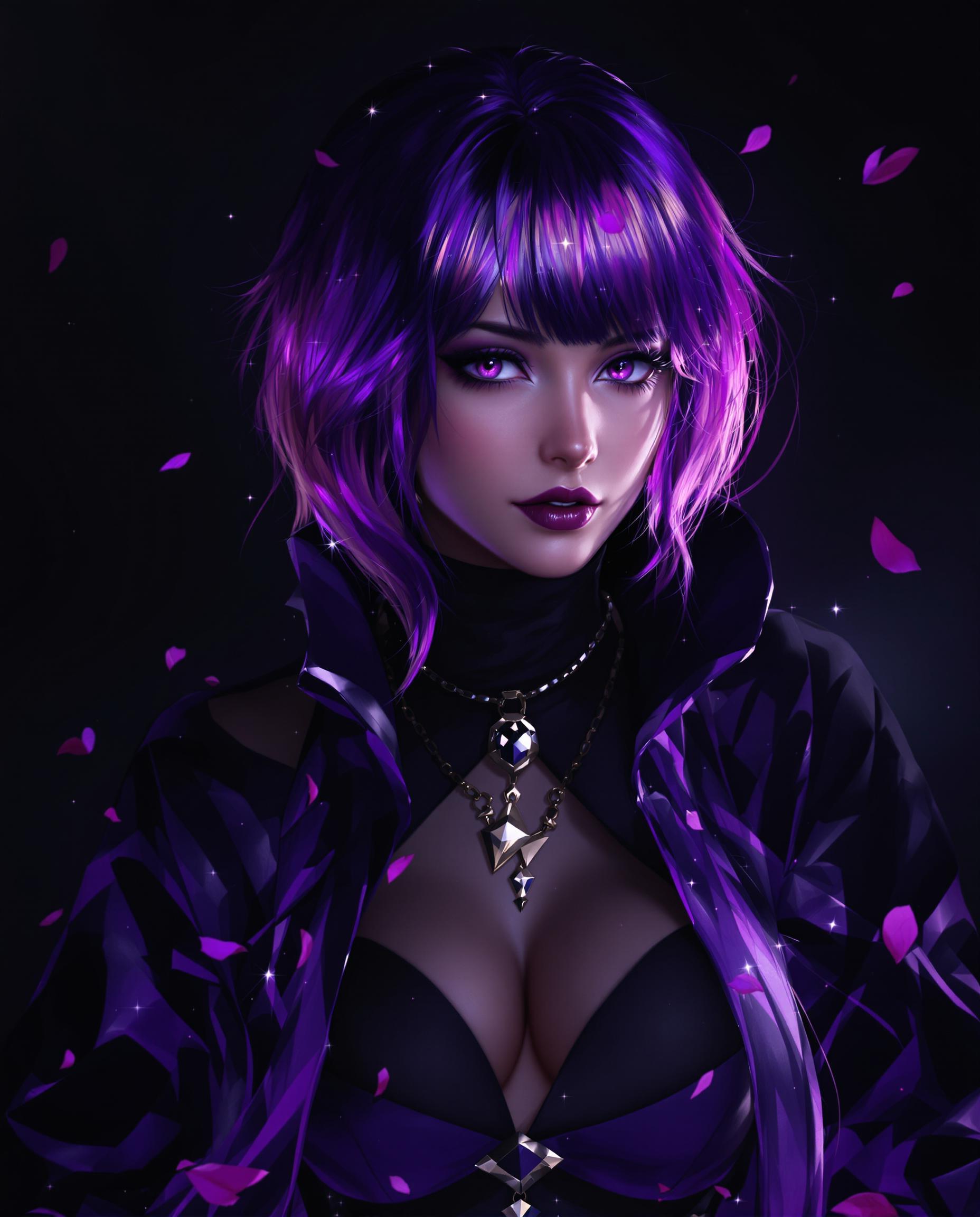 A captivating digital painting of a female character with striking purple hair, styled in a dynamic gradient from deep violet to lighter tones at the ends, set against a dark, moody background. Her outfit, a high-necked black and purple ensemble with a wide collar, gloves, and metallic accents, complements the bondage theme, accentuated by a subtle chain and scattered petals with sparkles. Dramatic cinematic lighting casts deep shadows and vivid highlights, enhancing the ethereal atmosphere with rich purples and blues in 8K detail.