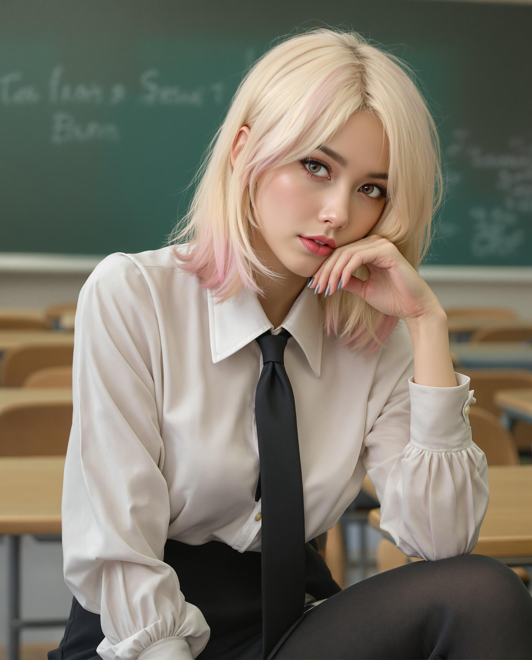 A highly realistic digital painting of a stylized female figure in a classroom setting, captured as if through a DSLR photo with a 50mm lens and shallow depth of field. The artwork features smooth color blending and lifelike textures, with soft, muted whites, blues, and greens dominating the palette, contrasted by the figure’s light blonde hair with a pink gradient. She wears a detailed white blouse with a high collar and black tie, slightly unbuttoned for a subtle provocative touch, posing contemplatively with a shy gaze, one knee bent, in a realistic classroom of earthy-toned desks and chalkboard, illuminated by cinematic lighting in 8K detail.