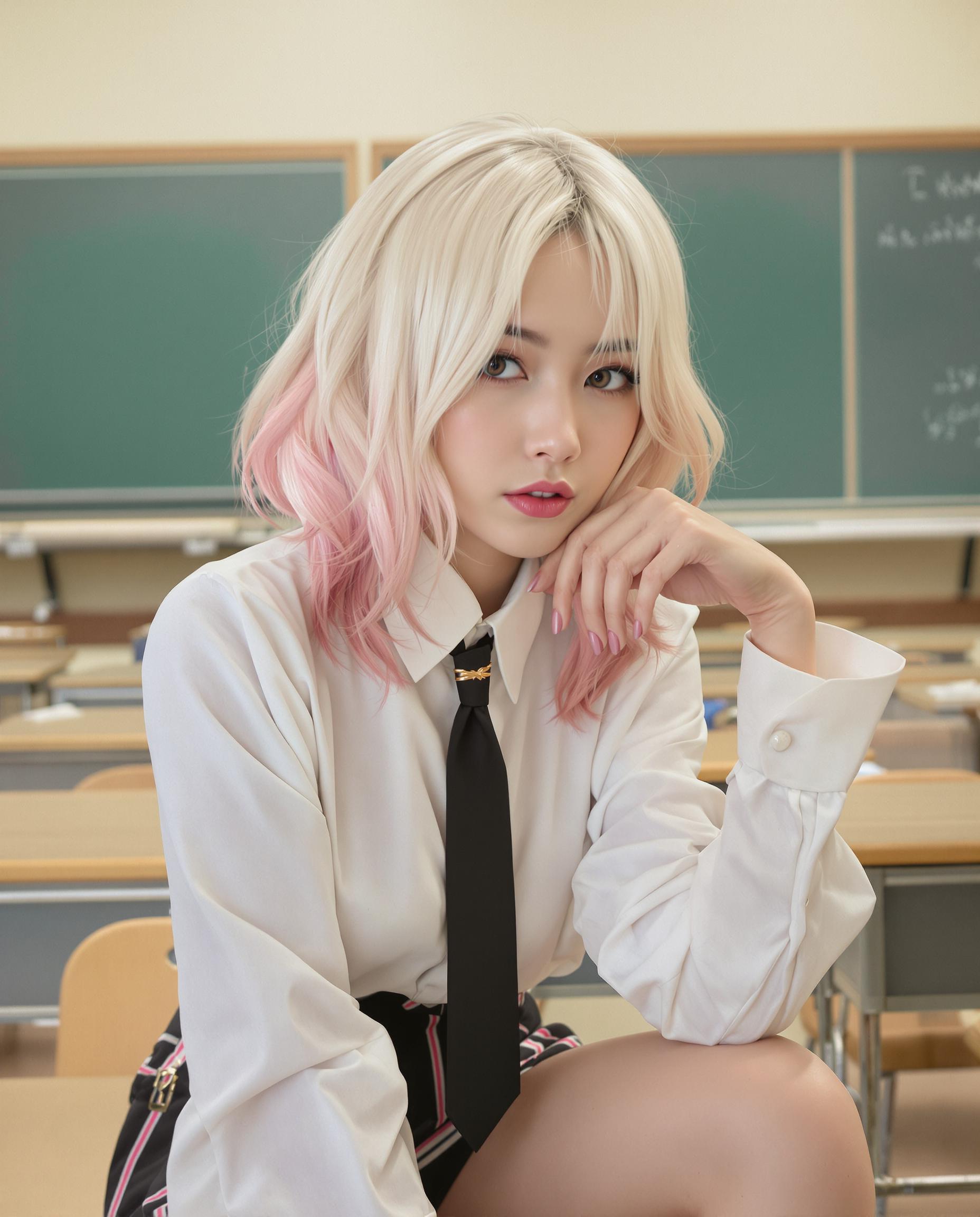 A highly realistic digital painting of a stylized female figure in a classroom setting, captured as if through a DSLR photo with a 50mm lens and shallow depth of field. The artwork features smooth color blending and lifelike textures, with soft, muted whites, blues, and greens dominating the palette, contrasted by the figure’s light blonde hair with a pink gradient. She wears a detailed white blouse with a high collar and black tie, slightly unbuttoned for a subtle provocative touch, posing contemplatively with a shy gaze, one knee bent, in a realistic classroom of earthy-toned desks and chalkboard, illuminated by cinematic lighting in 8K detail.