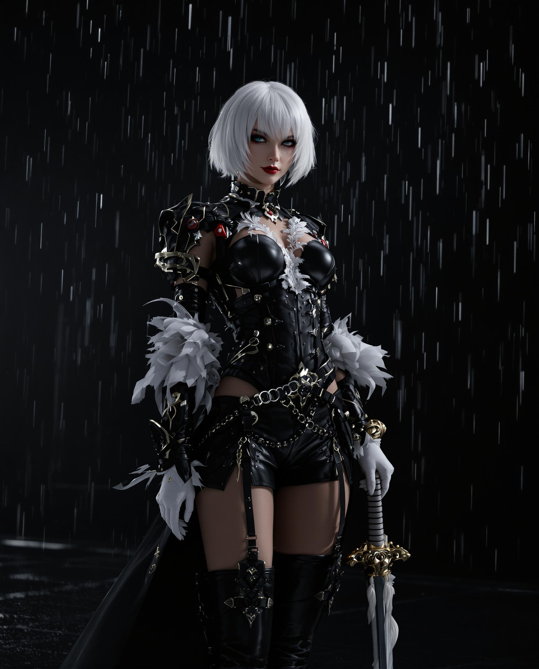 A striking, photorealistic 3D render of a confident female character with short, white hair, standing in a dark, industrial setting with rain streaking down, creating a moody atmosphere. She wears a detailed gothic black leather outfit with a high neckline, long sleeves, white lace, and featherlike embellishments, paired with thigh-high boots, accented by touches of red and gold, while holding an ornate katana with a white-tasseled hilt in a white-gloved hand. Dramatic cinematic lighting, captured as if with a 50mm DSLR lens, highlights textures and contours in 8K detail, blending realism with fantasy for a mysterious, elegant, and powerful vibe.