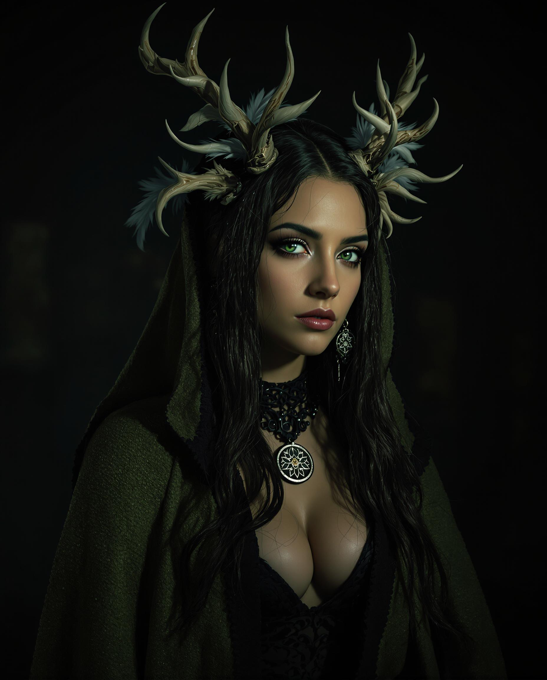 A hyper-realistic digital painting of a mystical female figure with an otherworldly aura, captured as if through a DSLR camera with a 50mm lens, featuring shallow depth of field and cinematic lighting in 8K detail. She wears a textured green cloak with black trim, a black choker with an intricate circular pendant, and her long, dark hair is adorned with bone-like antlers and soft feathers, illuminated by moody, atmospheric lighting dominated by rich, dark tones. Her serene face, with striking green eyes and a contemplative expression, serves as the focal point against a shadowy, ethereal background.