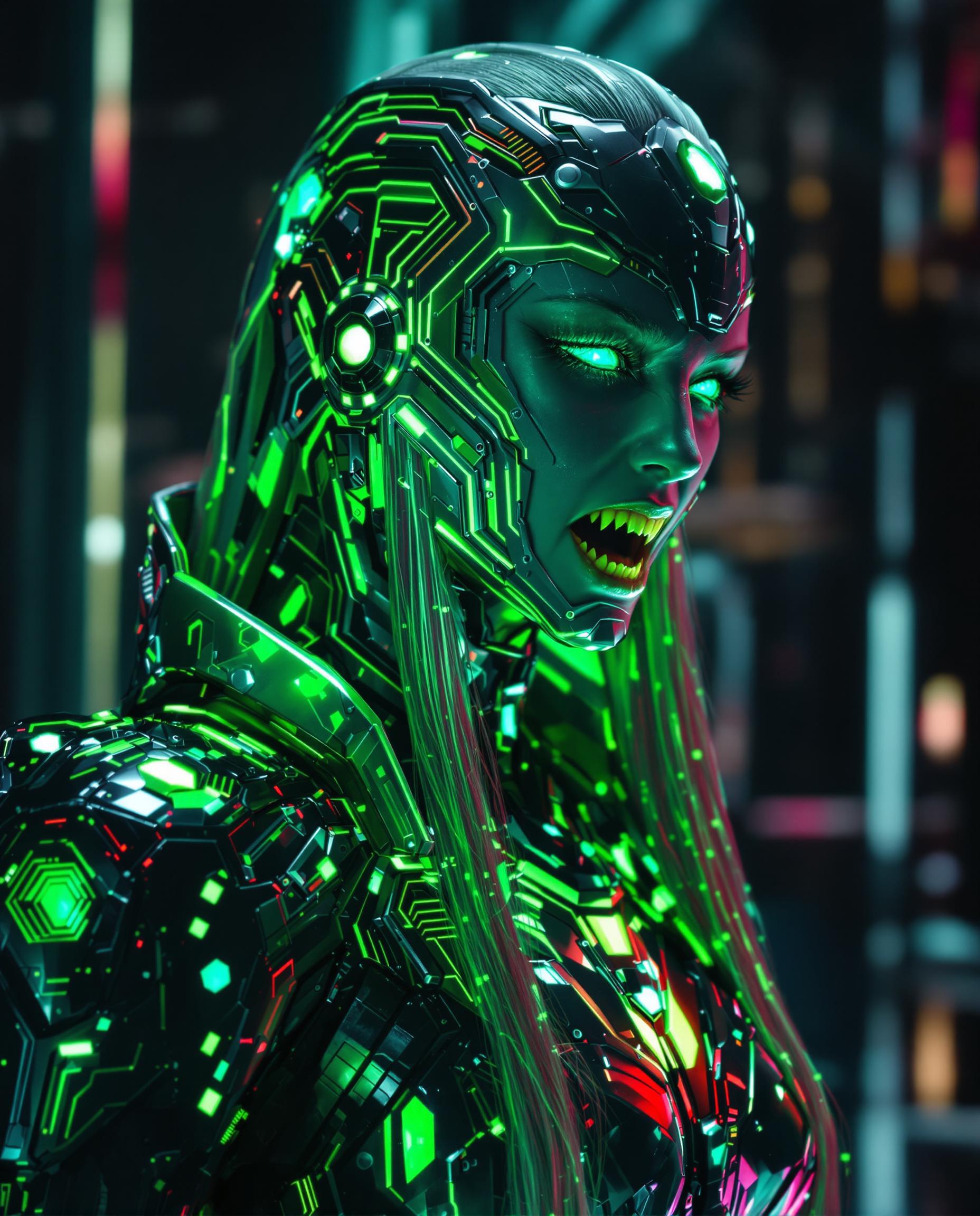 A stunning photorealistic portrait of a futuristic female warrior, captured through a high-end DSLR with a 50 mm lens, showcasing shallow depth of field and cinematic lighting in breathtaking 8K detail. She wears a high-tech metallic armor suit in vibrant neon green, adorned with intricate circuit-like patterns and glowing jewel embellishments, reflecting an otherworldly sheen under dramatic futuristic lighting, her open mouth revealing devilish fangs. Her long, luminous hair cascades down, mirroring the armor's brilliance, set against a sleek, dark sci-fi environment with subtle ambient glows.