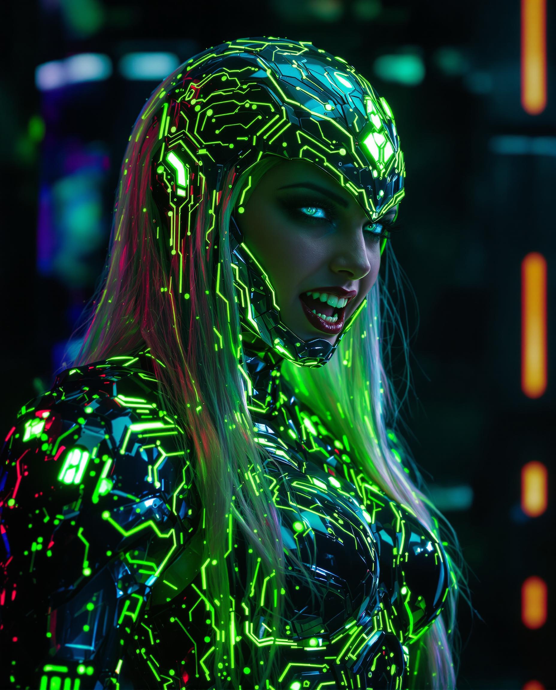 A stunning photorealistic portrait of a futuristic female warrior, captured through a high-end DSLR with a 50 mm lens, showcasing shallow depth of field and cinematic lighting in breathtaking 8K detail. She wears a high-tech metallic armor suit in vibrant neon green, adorned with intricate circuit-like patterns and glowing jewel embellishments, reflecting an otherworldly sheen under dramatic futuristic lighting, her open mouth revealing devilish fangs. Her long, luminous hair cascades down, mirroring the armor's brilliance, set against a sleek, dark sci-fi environment with subtle ambient glows.