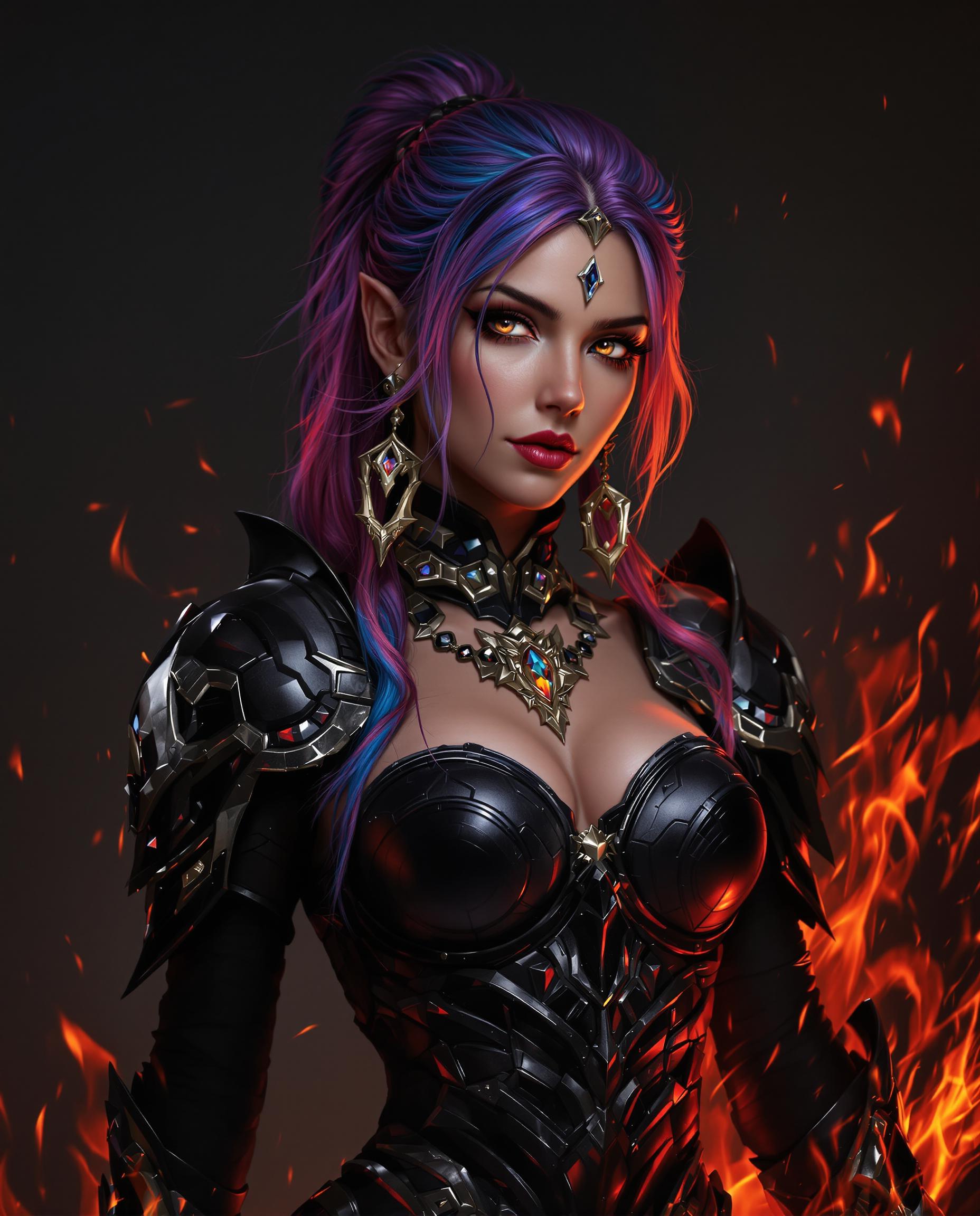 A hyper-realistic digital painting of a female fantasy character, captured with intricate detail and a three-dimensional quality, as if taken by a DSLR camera with a 50mm lens and shallow depth of field. Her hair, a striking gradient of purples and blues fading into fiery reds and oranges, is adorned with opulent jewelry, while her black, armor-like bodice gleams with metallic textures under cinematic lighting. Set against a dark, ominous background with hints of fiery red and orange, the composition centers her commanding presence in 8K resolution, exuding a moody, dramatic atmosphere.