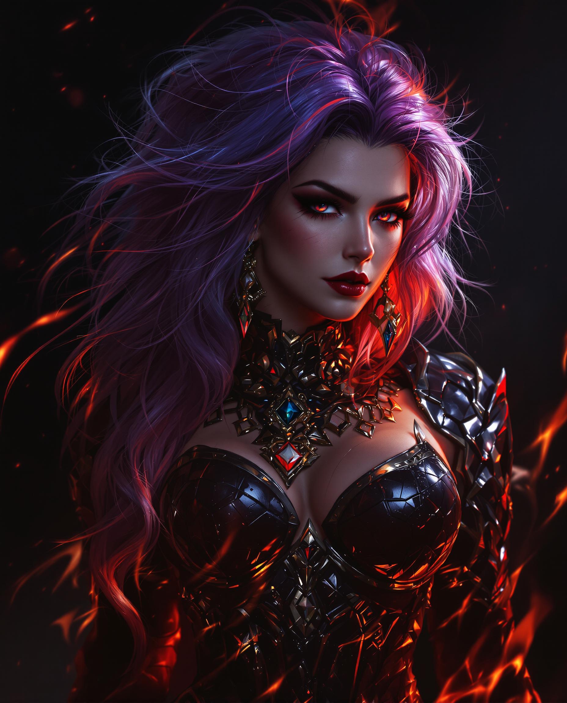 A hyper-realistic digital painting of a female fantasy character, captured with intricate detail and a three-dimensional quality, as if taken by a DSLR camera with a 50mm lens and shallow depth of field. Her hair, a striking gradient of purples and blues fading into fiery reds and oranges, is adorned with opulent jewelry, while her black, armor-like bodice gleams with metallic textures under cinematic lighting. Set against a dark, ominous background with hints of fiery red and orange, the composition centers her commanding presence in 8K resolution, exuding a moody, dramatic atmosphere.