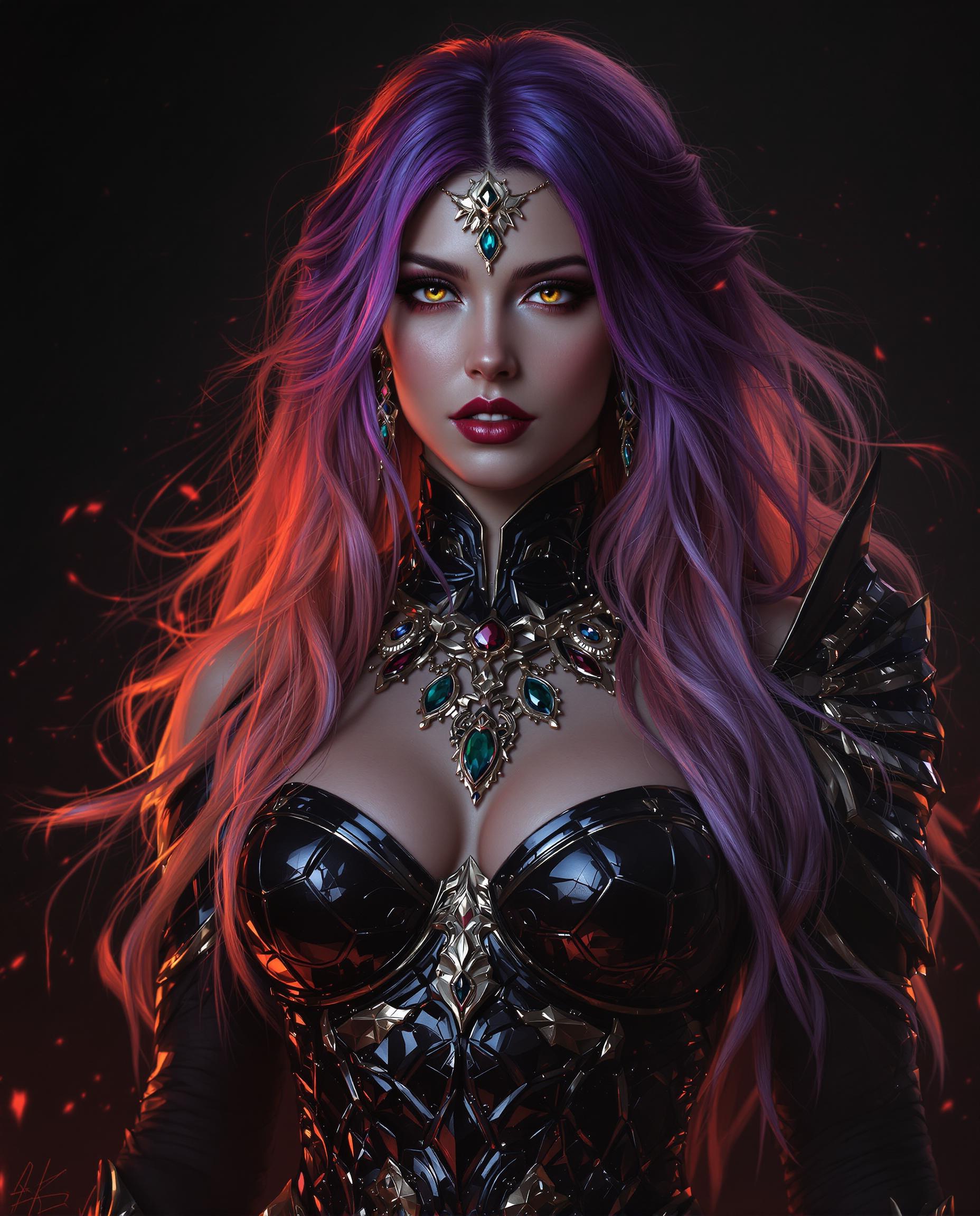 A hyper-realistic digital painting of a female fantasy character, captured with intricate detail and a three-dimensional quality, as if taken by a DSLR camera with a 50mm lens and shallow depth of field. Her hair, a striking gradient of purples and blues fading into fiery reds and oranges, is adorned with opulent jewelry, while her black, armor-like bodice gleams with metallic textures under cinematic lighting. Set against a dark, ominous background with hints of fiery red and orange, the composition centers her commanding presence in 8K resolution, exuding a moody, dramatic atmosphere.