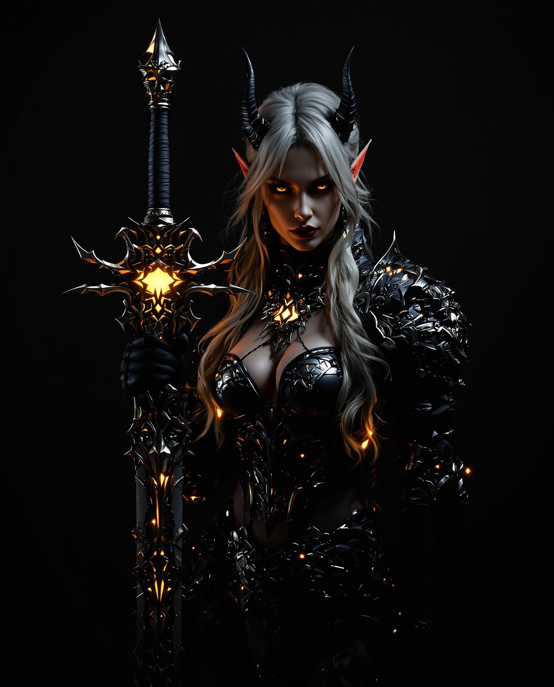A stunning, photorealistic DSLR photograph captures a female character embodying a fusion of fantasy and gothic elements, centered against a dark, shadowy background that accentuates her intricate attire and ornate sword with glowing accents. Dramatic chiaroscuro lighting from the upper left highlights the three-dimensionality of her cascading hair, pointed ears, and metallic textures, creating a moody, cinematic atmosphere with a shallow depth of field and 8K detail. The asymmetrical pose and dynamic composition evoke mystery and otherworldliness, reminiscent of high fantasy video game art.
