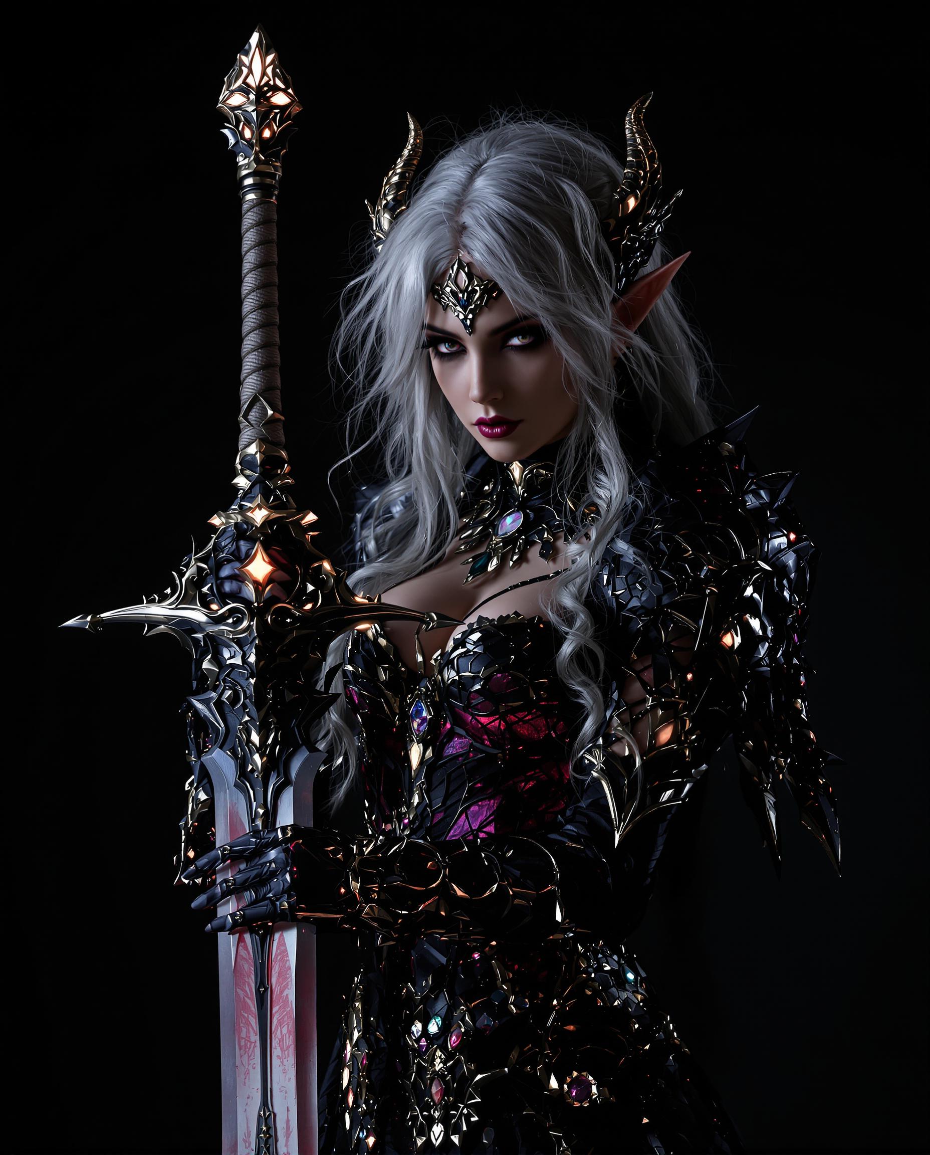 A stunning, photorealistic DSLR photograph captures a female character embodying a fusion of fantasy and gothic elements, centered against a dark, shadowy background that accentuates her intricate attire and ornate sword with glowing accents. Dramatic chiaroscuro lighting from the upper left highlights the three-dimensionality of her cascading hair, pointed ears, and metallic textures, creating a moody, cinematic atmosphere with a shallow depth of field and 8K detail. The asymmetrical pose and dynamic composition evoke mystery and otherworldliness, reminiscent of high fantasy video game art.