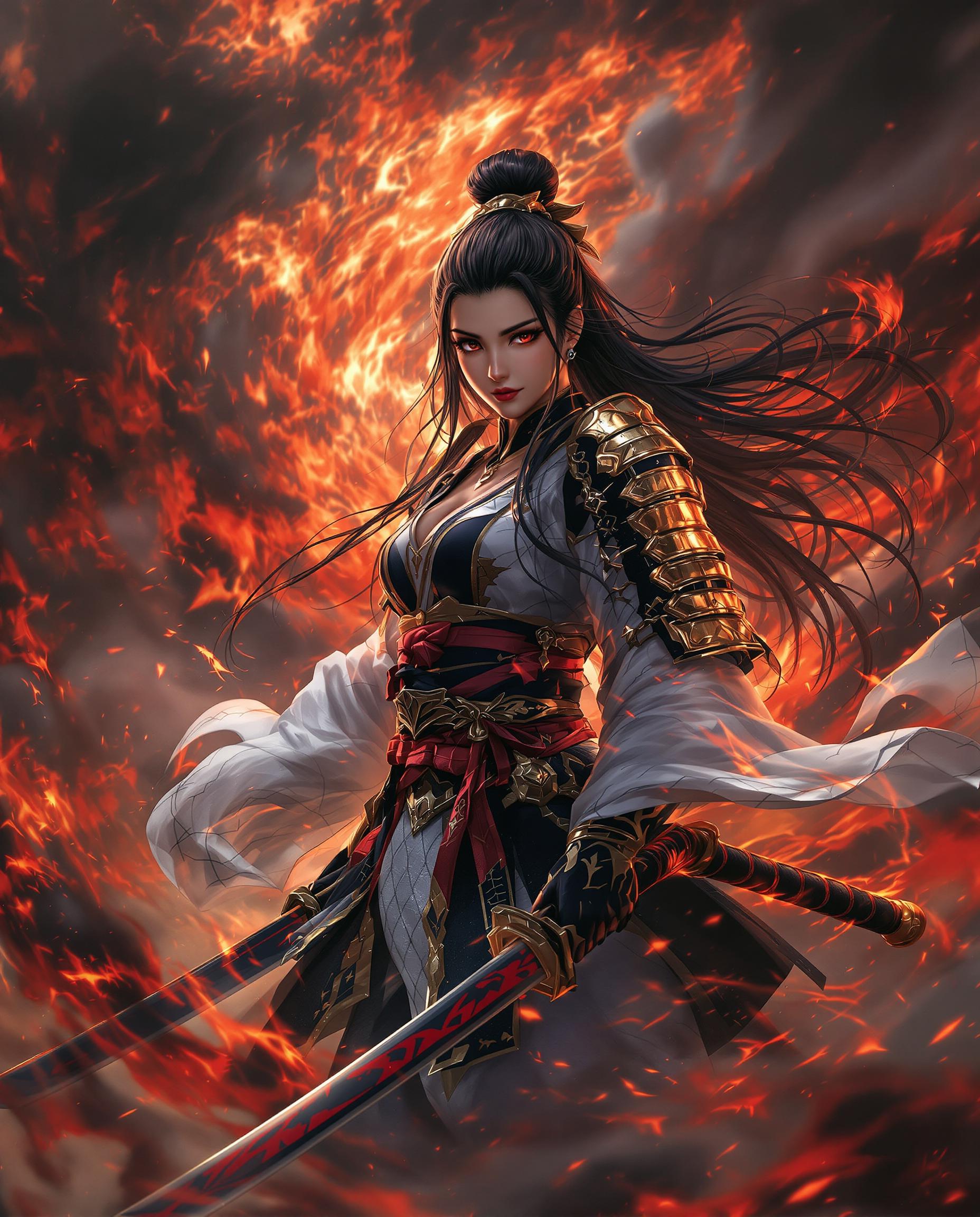 A striking, photorealistic digital illustration of a female samurai, captured as if through a DSLR lens with a 50 mm focal length and shallow depth of field, showcasing intricate detail in 8K resolution. She stands resolute, gripping a katana with a red and black hilt and a fiery-designed blade, her black and white kimono adorned with red and gold accents and golden armor-like plates on the sleeves, long dark hair glowing with a fiery aura. The tumultuous background swirls with fiery red and orange hues, mingled with black and white smoke-like clouds, creating a dynamic, intense atmosphere of battle under cinematic lighting.