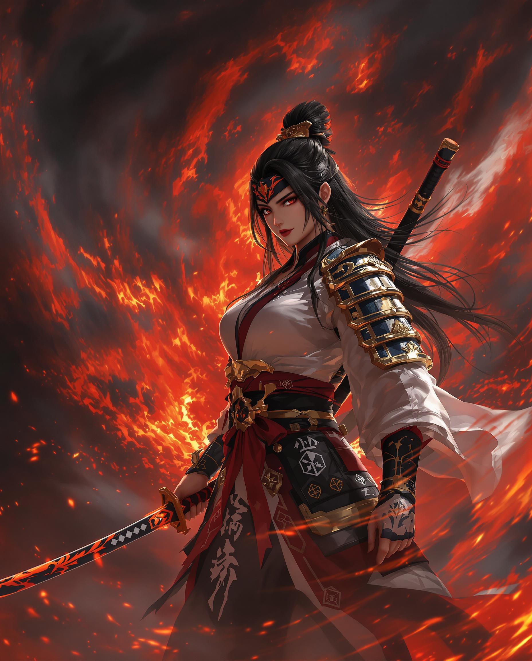 A striking, photorealistic digital illustration of a female samurai, captured as if through a DSLR lens with a 50 mm focal length and shallow depth of field, showcasing intricate detail in 8K resolution. She stands resolute, gripping a katana with a red and black hilt and a fiery-designed blade, her black and white kimono adorned with red and gold accents and golden armor-like plates on the sleeves, long dark hair glowing with a fiery aura. The tumultuous background swirls with fiery red and orange hues, mingled with black and white smoke-like clouds, creating a dynamic, intense atmosphere of battle under cinematic lighting.
