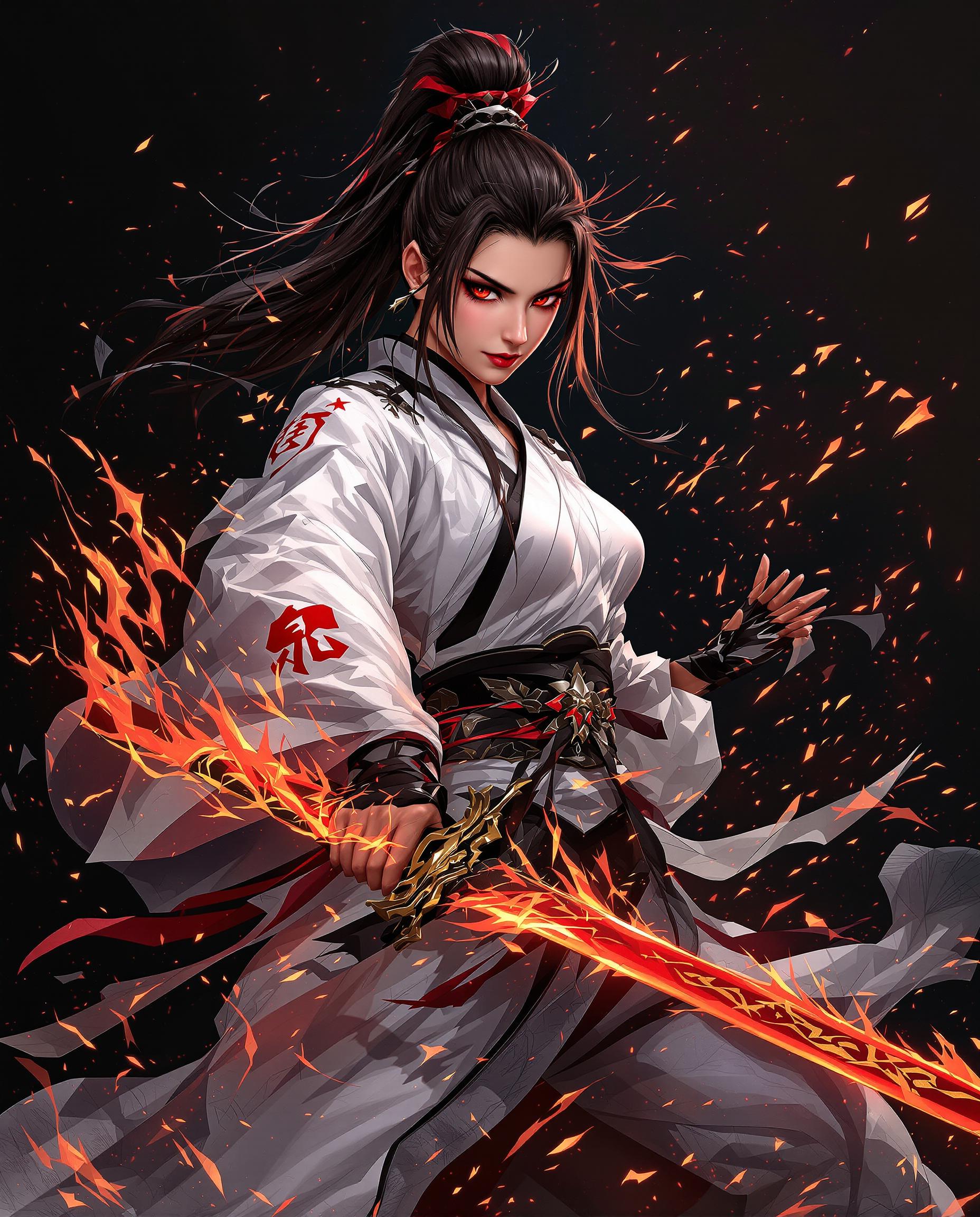 A stunning digital painting of a fierce female warrior with a commanding presence, captured in a photorealistic style featuring clean lines, bold outlines, and vibrant colors dominated by black, white, and fiery red. She wears striking white attire with black and red accents, her traditional Japanese hairstyle framing her face with red-highlighted strands, while wielding a sword with a glowing red blade and flame-patterned design, set against a dark background with floating sparks and embers adding intense drama. The artwork showcases smooth color blending, intricate details on the ornate sword hilt, and a cinematic atmosphere with 8K detail.
