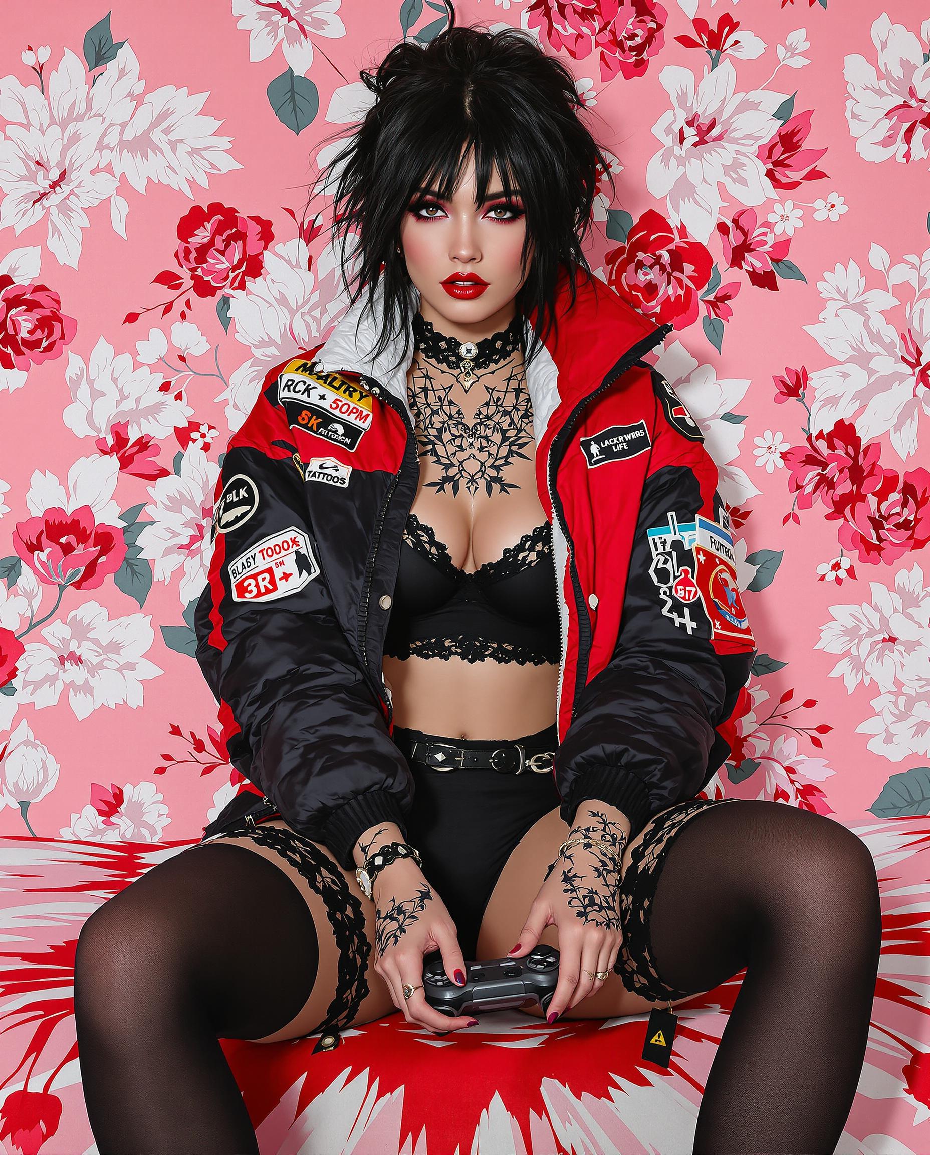 A hyper-realistic digital painting of a striking female figure with a modern, edgy aesthetic, seated with crossed legs and holding a game controller, captured as if through a DSLR lens with a 50 mm focus and shallow depth of field. She wears a detailed black and red quilted bomber jacket with patches, a black crop top with a white lace collar, and black thigh-high stockings with a satin sheen and lace overlays, her intricate floral-geometric tattoo visible on her torso, complemented by bold makeup and black-and-white messy hair. The vibrant color palette of deep reds, stark blacks, and crisp whites contrasts beautifully against a soft pink background with a modern, stylized floral pattern, all rendered in cinematic lighting with 8K detail for a futuristic, urban vibe.
