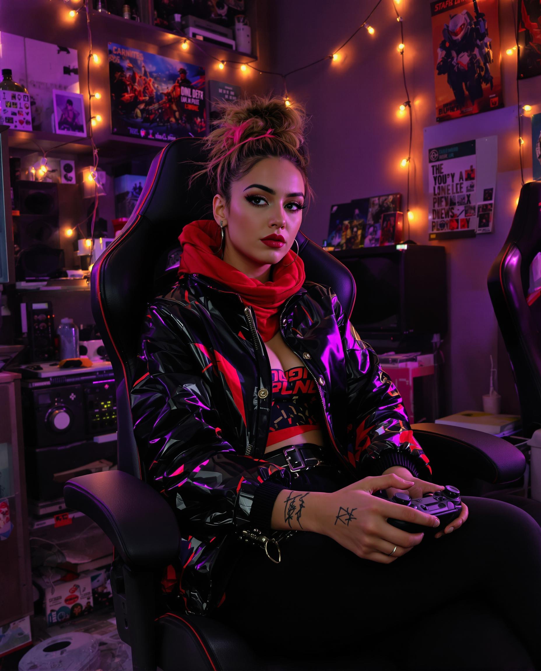 A striking digital painting of a young woman seated in a sleek black gaming chair, captured in a photorealistic style with cinematic quality and intricate textures, reminiscent of contemporary digital illustration. She wears a glossy black and red high-collared jacket paired with a vibrant red scarf, her messy bun streaked with pink, and tattoos visible on her left arm and neck, while holding a black game controller in a cozy, cluttered room glowing with warm string lights. The rich color palette of deep blacks, bold reds, and contrasting purples, combined with soft, diffused indoor lighting, creates a dramatic yet inviting atmosphere filled with gaming gear, personal photos, and pop culture posters.