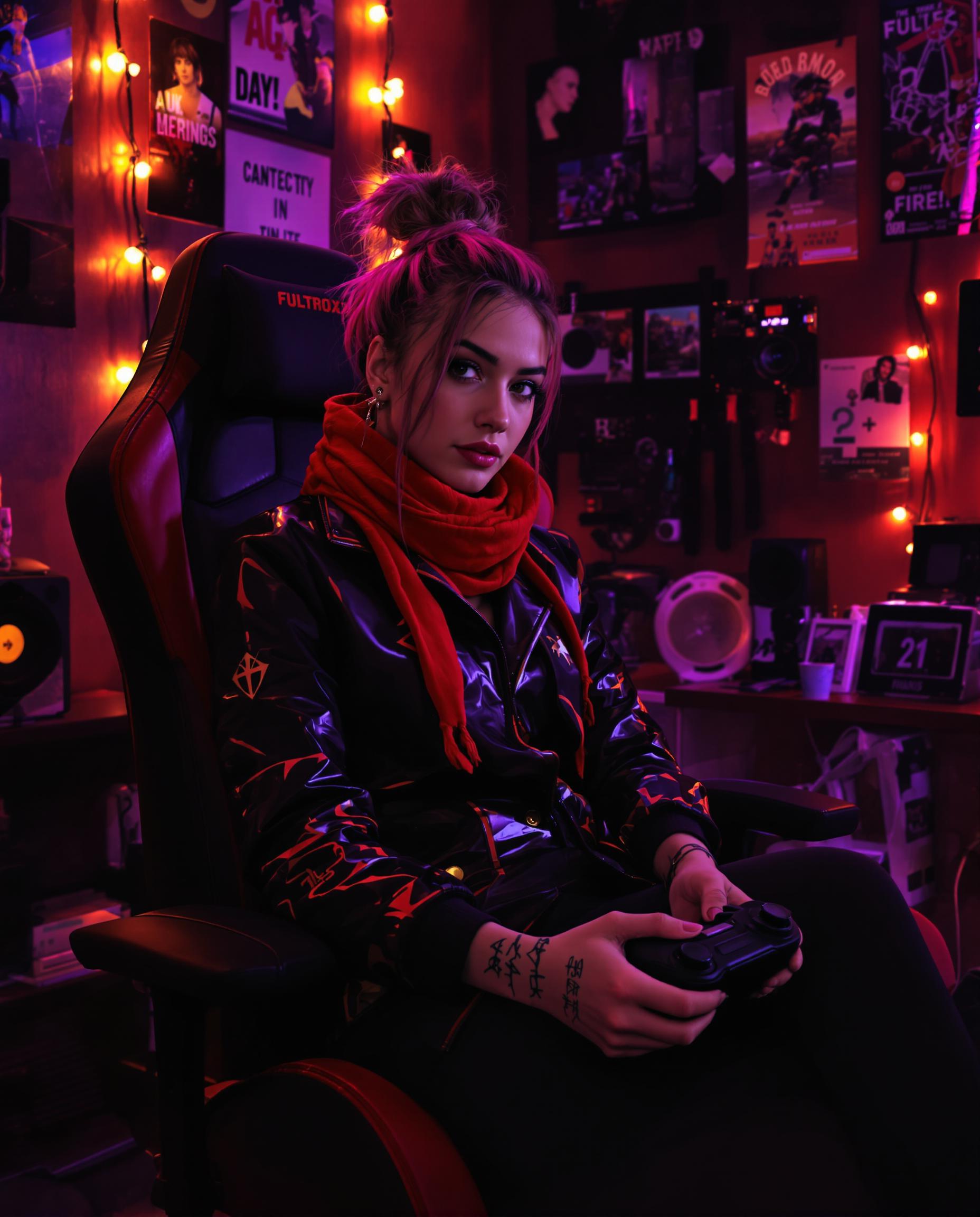 A striking digital painting of a young woman seated in a sleek black gaming chair, captured in a photorealistic style with cinematic quality and intricate textures, reminiscent of contemporary digital illustration. She wears a glossy black and red high-collared jacket paired with a vibrant red scarf, her messy bun streaked with pink, and tattoos visible on her left arm and neck, while holding a black game controller in a cozy, cluttered room glowing with warm string lights. The rich color palette of deep blacks, bold reds, and contrasting purples, combined with soft, diffused indoor lighting, creates a dramatic yet inviting atmosphere filled with gaming gear, personal photos, and pop culture posters.
