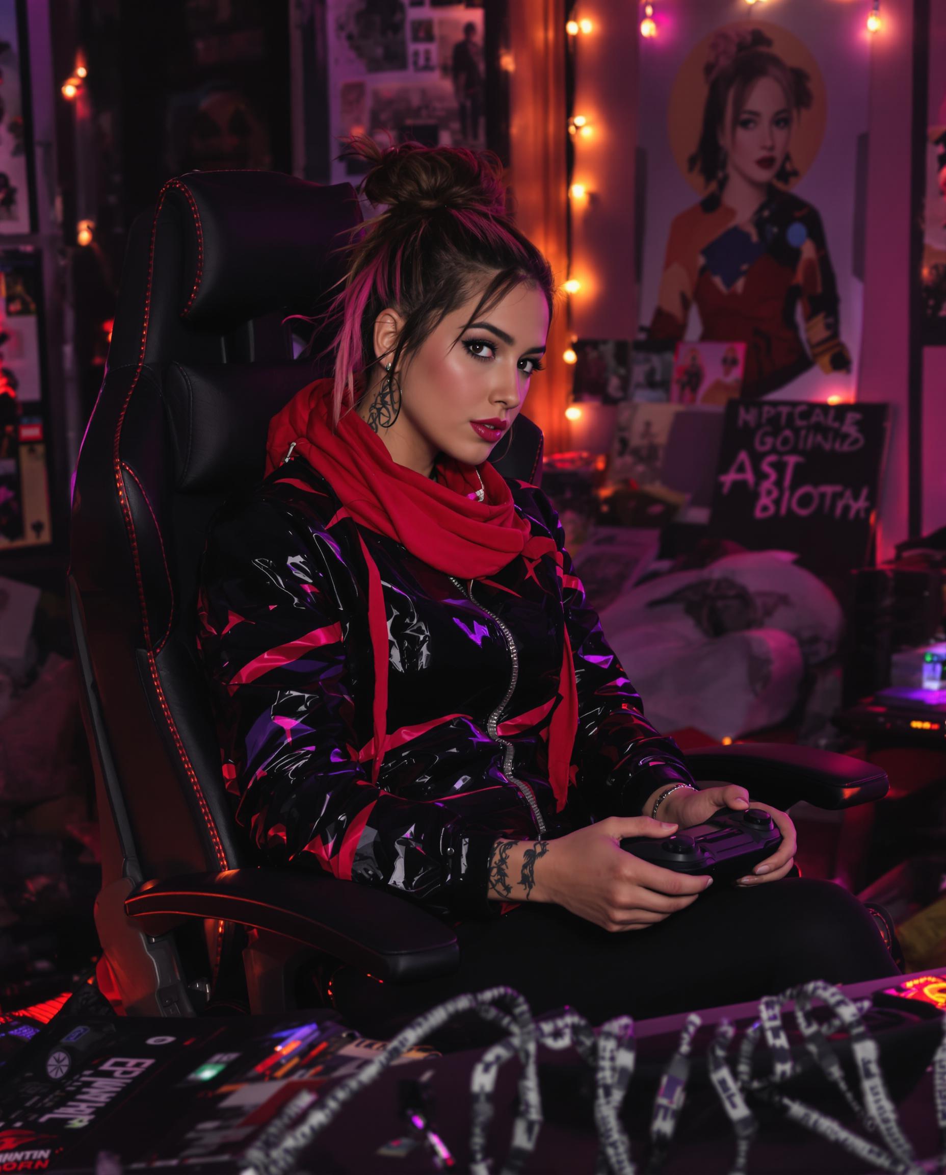 A striking digital painting of a young woman seated in a sleek black gaming chair, captured in a photorealistic style with cinematic quality and intricate textures, reminiscent of contemporary digital illustration. She wears a glossy black and red high-collared jacket paired with a vibrant red scarf, her messy bun streaked with pink, and tattoos visible on her left arm and neck, while holding a black game controller in a cozy, cluttered room glowing with warm string lights. The rich color palette of deep blacks, bold reds, and contrasting purples, combined with soft, diffused indoor lighting, creates a dramatic yet inviting atmosphere filled with gaming gear, personal photos, and pop culture posters.