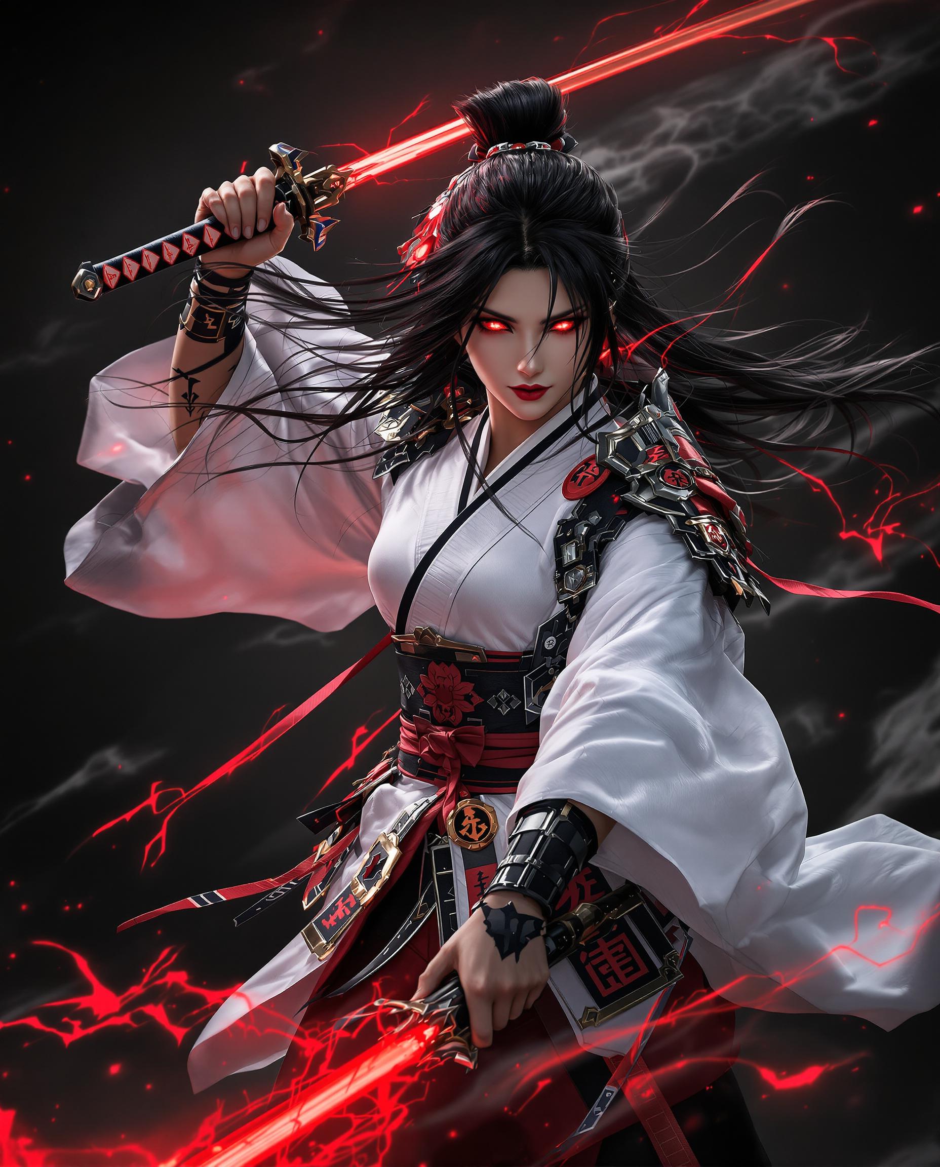 A striking photorealistic image capturing a fierce female warrior in a dynamic pose, dressed in a traditional Japanese kimono with a modern twist—white and black fabric with bold red accents, a high collar, fitted waist, and a red obi belt, complemented by intricate black and red armor overlay with symbolic patterns. Her long black hair, tied with a matching red accessory, flows in the wind, while glowing red eyes and a red tattoo on her left arm intensify her powerful expression; she wields two glowing red swords with detailed black and red hilts, set against a dark, moody background with streaks of red and white smoke or flames, enhanced by cinematic lighting and 8K detail from a 50mm DSLR lens.