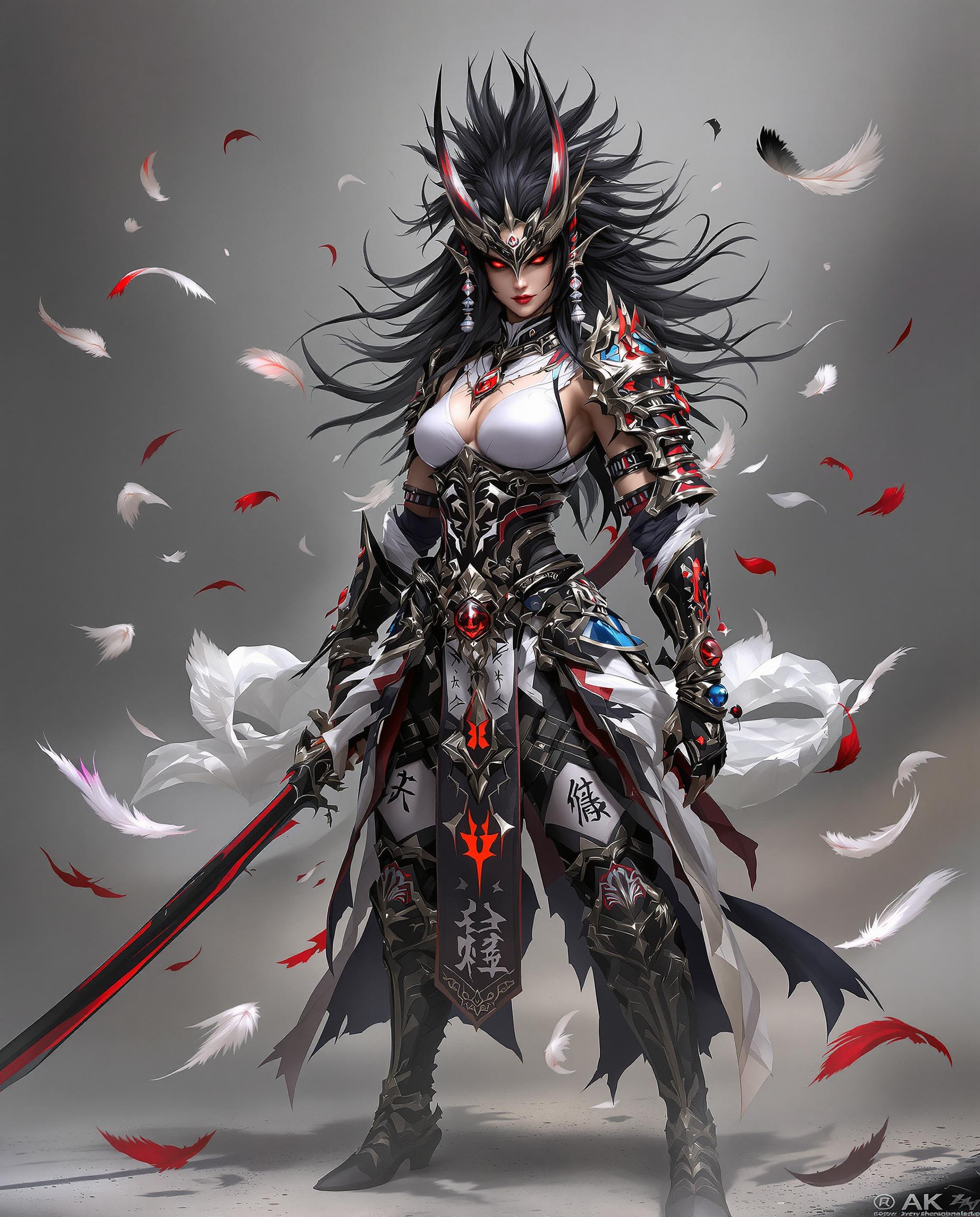 A stunning photorealistic digital painting of a fierce female warrior, standing in a powerful, ready stance, clad in intricate armor and cloth in striking black and white with bold red accents and subtle blue hints. Her detailed armor features traditional and fantastical patterns, a white high-neck top, black corset-like bodice, red Kanji on her left arm, and ornate gauntlets with a red gem on the right, while wild spiky hair with a horn, glowing red eyes, a red-bladed sword, and a staff with a red orb exude dynamic energy. Set against a smoky gray background with floating feathers, the scene is captured with cinematic lighting, sharp 8K detail, and a shallow depth of field, emphasizing dramatic contrast and vibrant color blending.