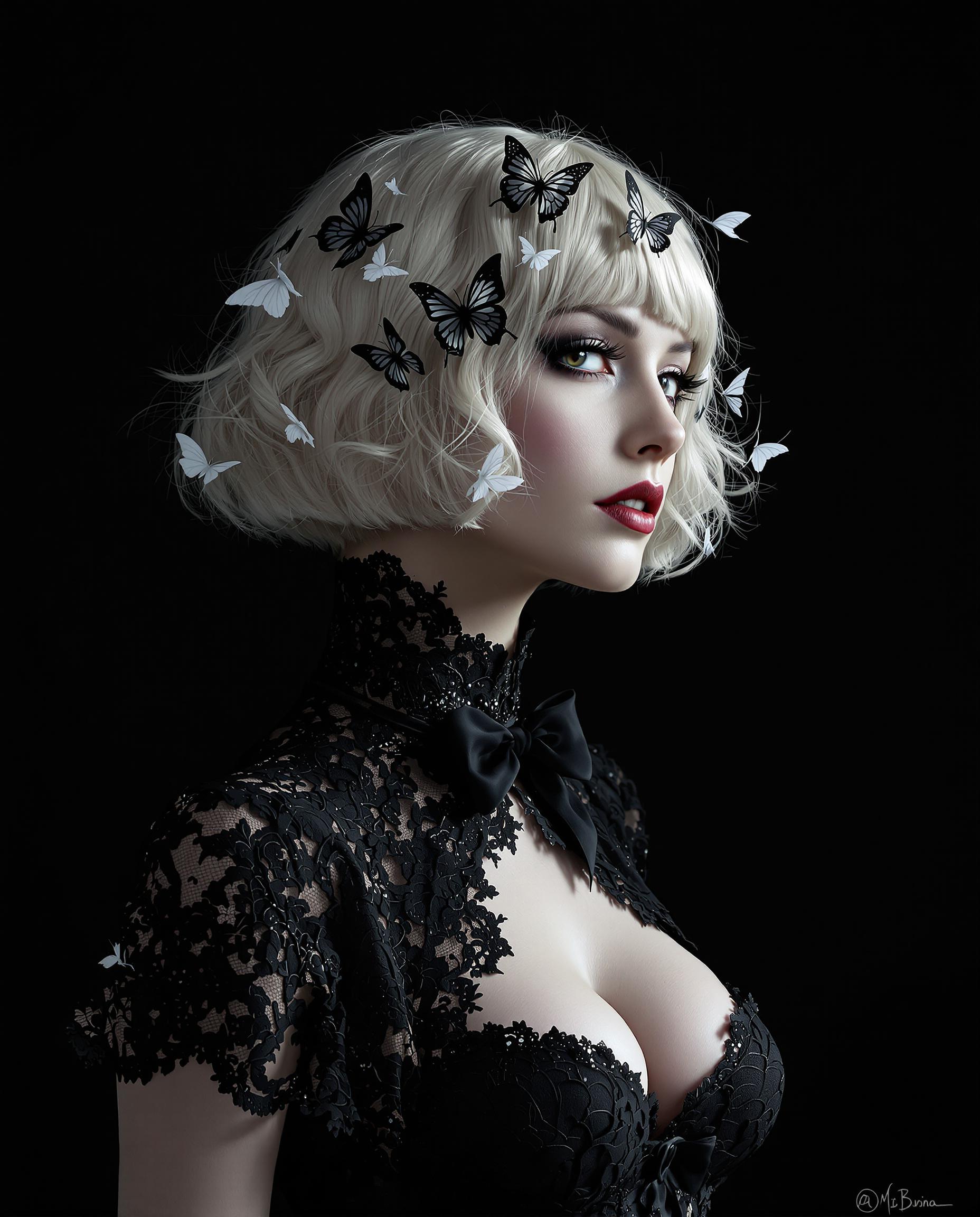 A striking digital painting of a female figure with a gothic, neobaroque aesthetic, captured in a photorealistic style with intricate details and a monochromatic black-and-white palette. The woman wears a fitted black lace garment with floral and geometric patterns, a high neckline, and a bow at the collar, while her short, curly blonde bob is adorned with delicate black-and-white butterflies that appear almost translucent. Set against a solid black background, soft, diffused lighting casts gentle shadows on her right side, enhancing the dramatic interplay of light and shadow for a mysterious, elegant composition.