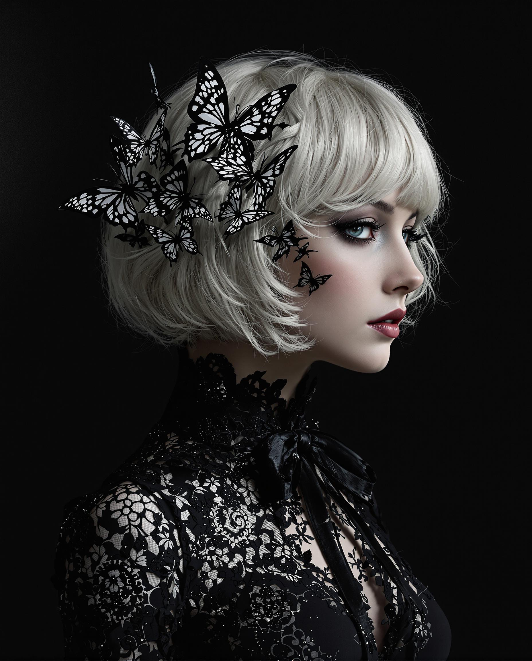A striking digital painting of a female figure with a gothic, neobaroque aesthetic, captured in a photorealistic style with intricate details and a monochromatic black-and-white palette. The woman wears a fitted black lace garment with floral and geometric patterns, a high neckline, and a bow at the collar, while her short, curly blonde bob is adorned with delicate black-and-white butterflies that appear almost translucent. Set against a solid black background, soft, diffused lighting casts gentle shadows on her right side, enhancing the dramatic interplay of light and shadow for a mysterious, elegant composition.