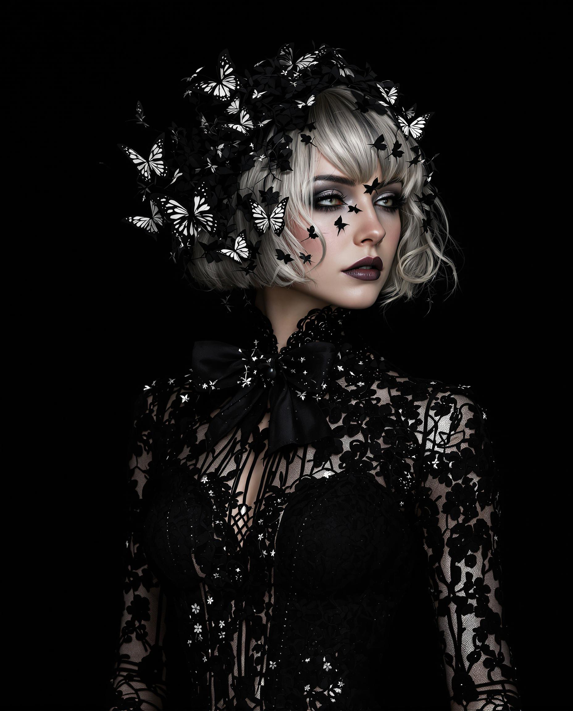 A striking digital painting of a female figure with a gothic, neobaroque aesthetic, captured in a photorealistic style with intricate details and a monochromatic black-and-white palette. The woman wears a fitted black lace garment with floral and geometric patterns, a high neckline, and a bow at the collar, while her short, curly blonde bob is adorned with delicate black-and-white butterflies that appear almost translucent. Set against a solid black background, soft, diffused lighting casts gentle shadows on her right side, enhancing the dramatic interplay of light and shadow for a mysterious, elegant composition.