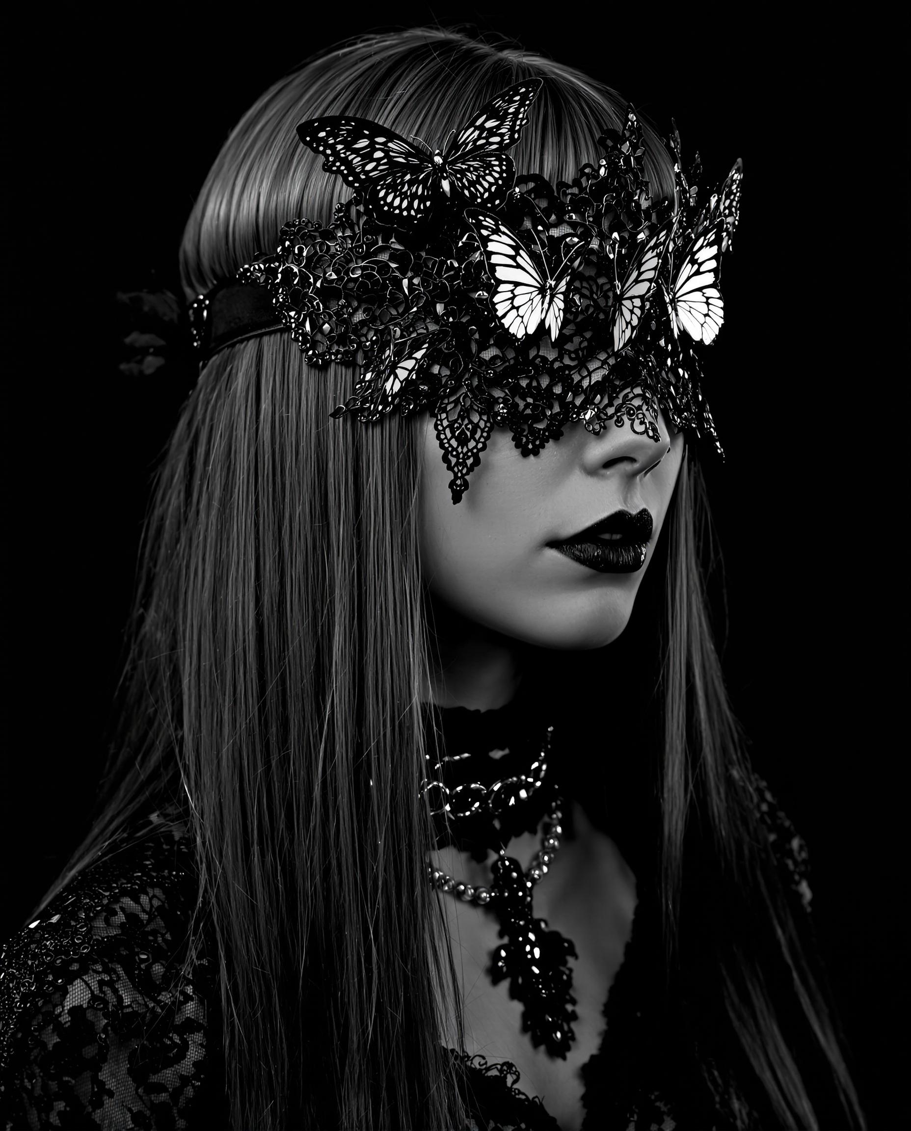 A striking monochromatic photograph of a female figure, captured in a gothic fantasy style with a black-and-white color scheme, emphasizing intricate line work and fine detailing. The subject has long, straight hair cascading down the frame, textured with delicate lacelike patterns, and wears a gothic choker with a chained collar of matching lace design, alongside a black lace blindfold adorned with ethereal butterflies symbolizing transformation. Set against a dark, nondescript background, the image exudes mystery and elegance with cinematic lighting and 8K detail.