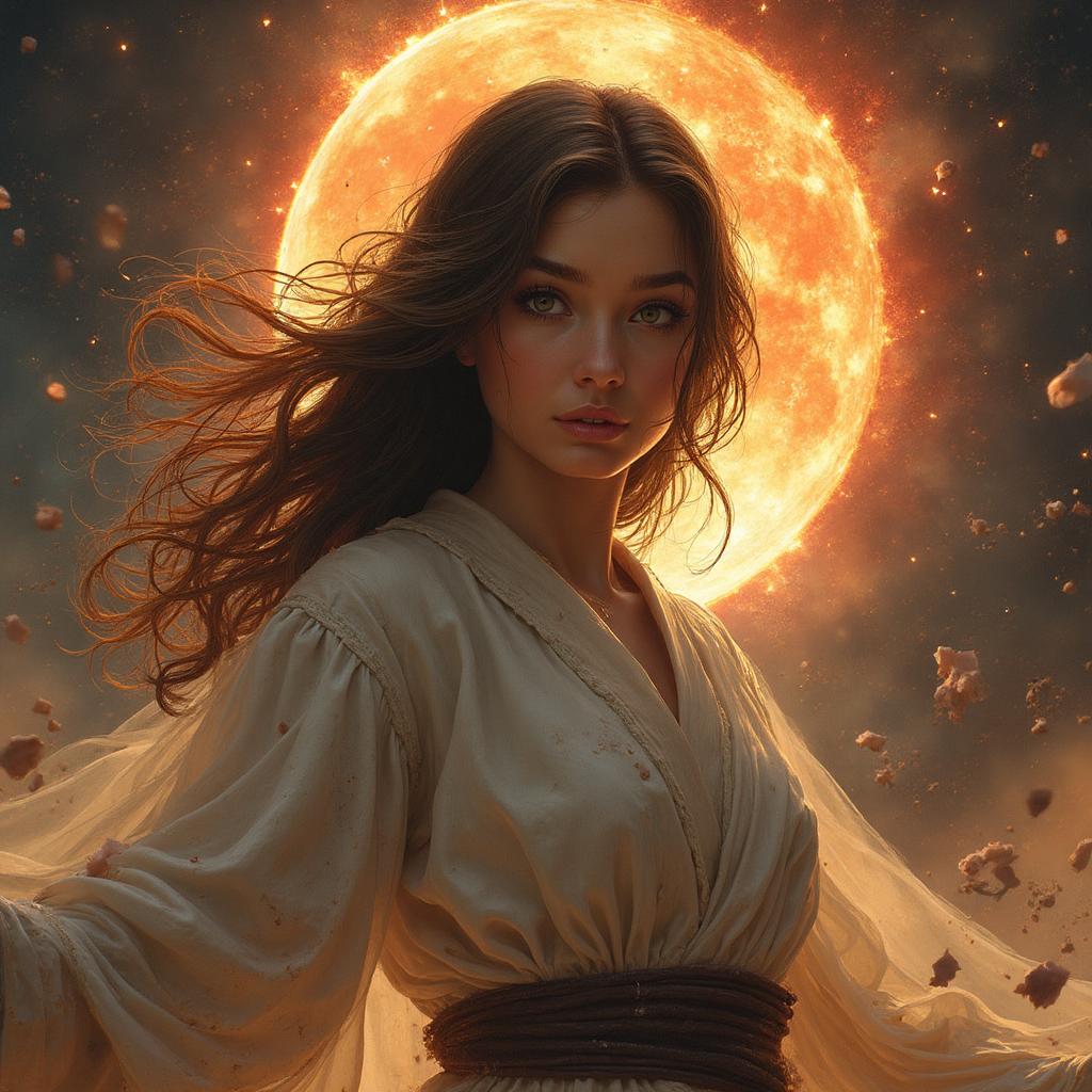 <lora:Body Type_alpha1.0_rank4_noxattn_last:1>,  ((masterpiece)), (best quality),
 Style-GravityMagic,  solo, half shot, looking at viewer, detailed background, detailed face, (starwars theme:1.1),  beautiful brunette woman, herald of the apocalypse, gazing into the abyss, wearing torn robes, fiery  doom, debris swirling all around, dimensional rifts appearing, floating particles,  eternal void consuming everything,   black hole,   prophecy fulfilled, supernova in background, turbulent winds, apocalyptic atmosphere, ethereal lights, , , score_9, score_8_up, score_7_up, score_6_up, extreme detail, ((Masterpiece, Best Quality, beautiful, high res image)),  <lora:Real_Beauty:1>,(masterpiece, top quality, best quality, official art, beautiful and aesthetic:1.2),,