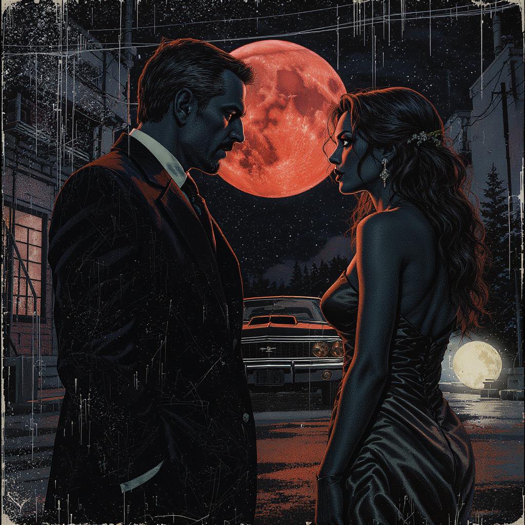 Retro game style, two figures, a man in a suit, talking to a woman in an silk evening dress, upper body, true detective, detailed character, nigh sky, crimson moon silhouette, american muscle car parked on dark street in background, complex background in style of Bill Sienkiewicz and Dave McKean and Carne Griffiths, extremely detailed, mysterious, grim, provocative, thrilling, dynamic, action-packed, fallout style, vintage, game theme, masterpiece, high contrast, stark. vivid colors, 16-bit, pixelated, textured, distressed