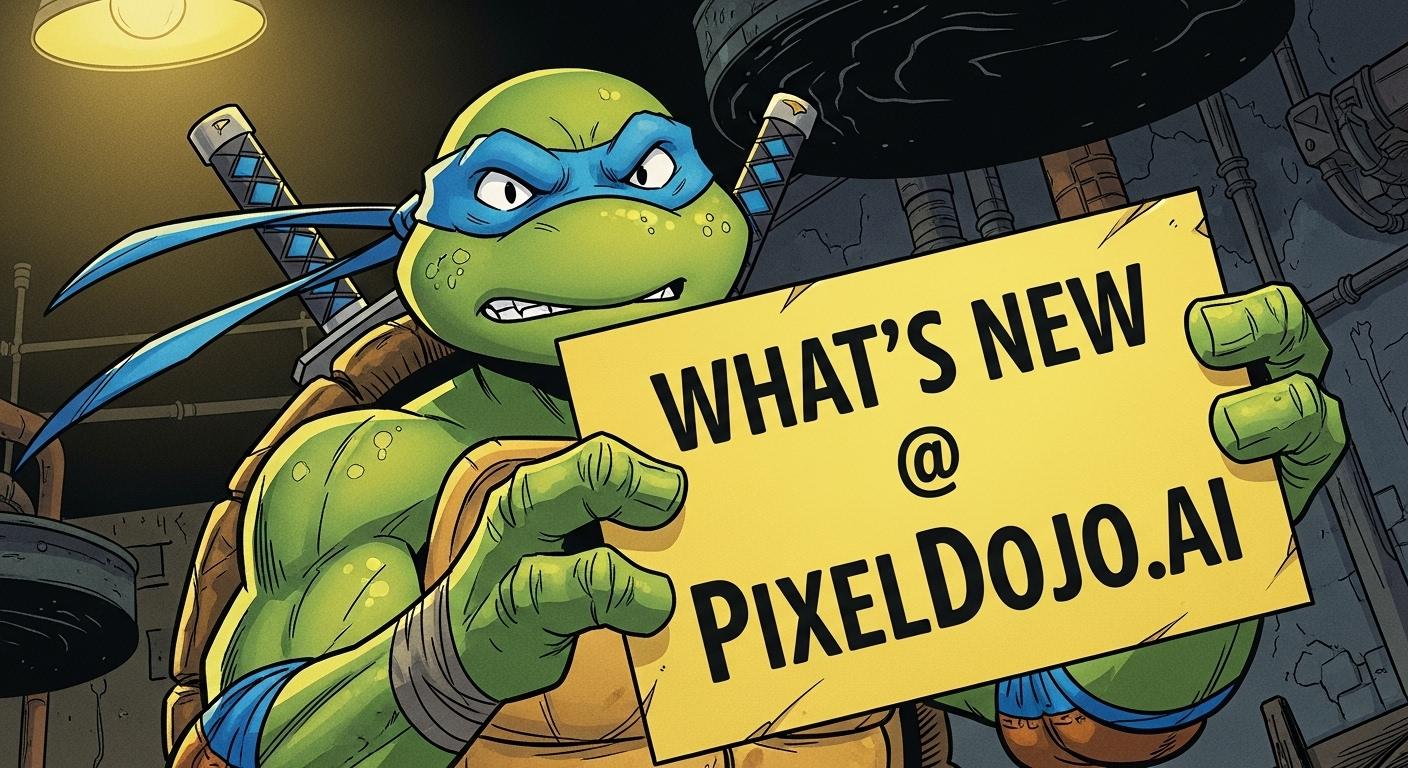 A ninja turtle holding a sign that says "What's New @ PixelDojo.ai"