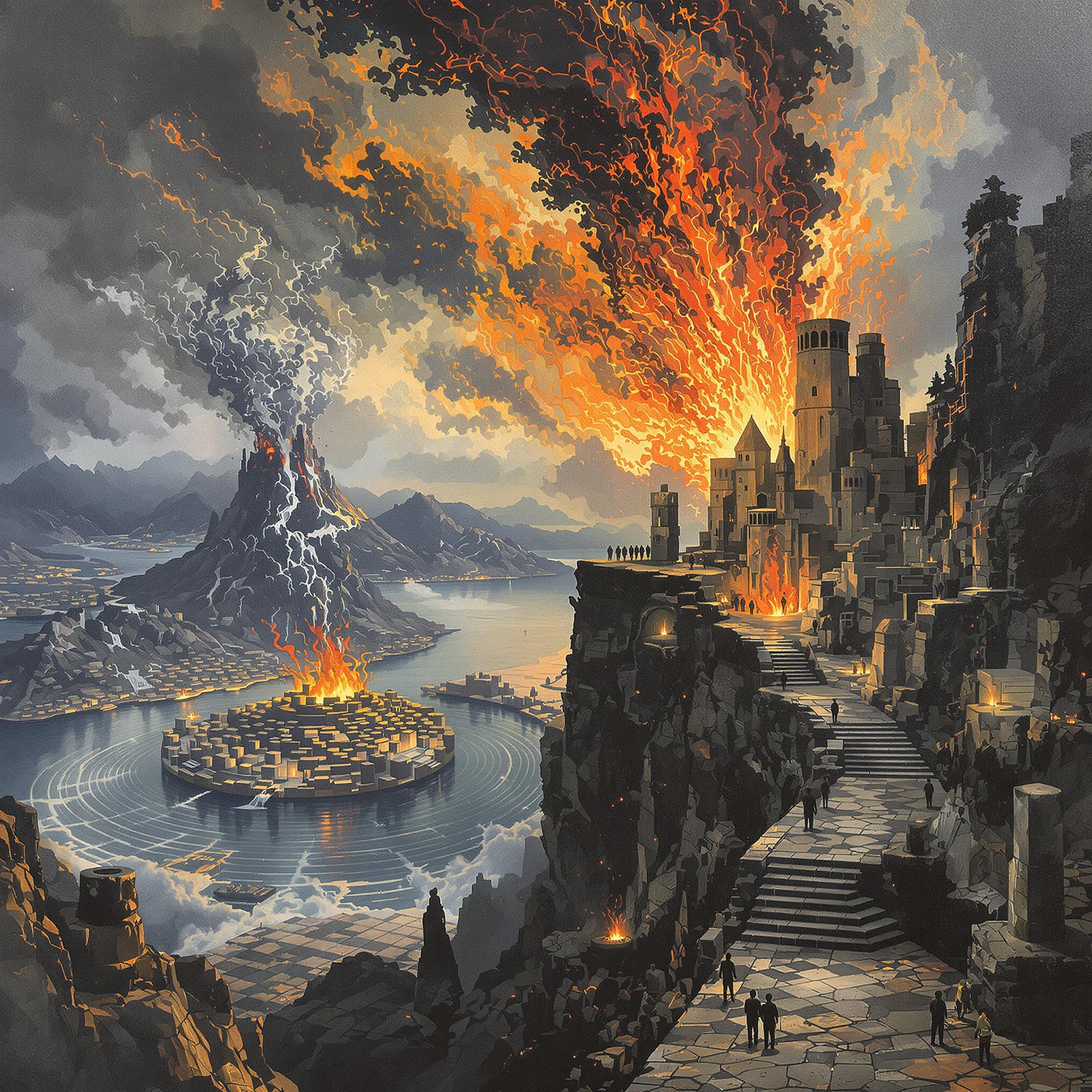 an mc escher painting of an ancient citidael on the edge of a raging volcano