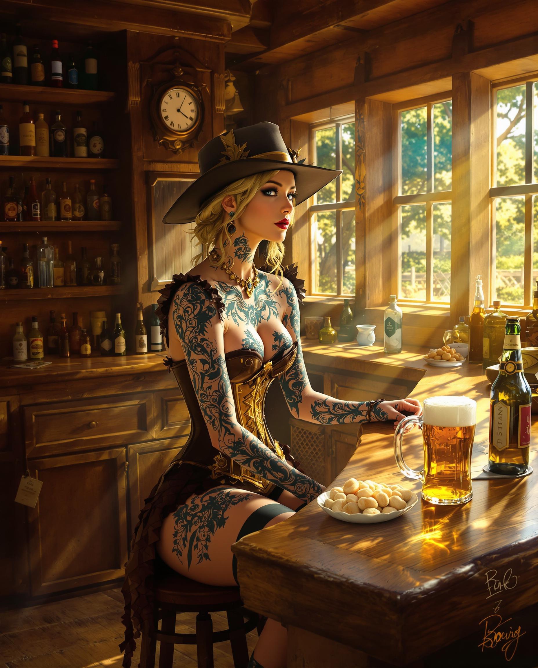 This is a realistic photo (photograph) of a female real person intricately detailed digital artwork that captures a scene within a rustic, wooden interior, reminiscent of a traditional saloon or tavern. The art style is a blend of fantasy and steampunk, with a focus on the interplay of light and shadow, and the use of rich, warm colors that evoke a sense of nostalgia and coziness.The medium appears to be a digital painting, utilizing advanced brush techniques and layering to create a textured and threedimensional effect. The artist has masterfully employed a variety of brush strokes to give life to the wood grains, the folds of the clothing, and the sheen of the glass bottle.The colors are warm and earthy, with a predominance of browns, oranges, and yellows, which are complemented by the blues and greens of the tattooed skin and the amber of the beer. The interplay of light and shadow is expertly handled, with the sunlight streaming through the windows casting dynamic highlights and shadows across the scene.The objects in the image include a variety of bottles lined up on shelves, a wooden counter with a frosted glass bottle of beer prominently displayed, and a halffilled glass beside it. The counter also holds a small bowl, possibly containing snacks or nuts. The wooden interior is adorned with various items such as a clock, a small mirror, and a framed picture, all contributing to the oldworld charm of the setting.The subject of the artwork is a person seated at the counter, dressed in a detailed costume that includes a widebrimmed cowboy hat, a corset with intricate designs, and a pair of thighhigh boots. The persons skin is adorned with elaborate tattoos, primarily in shades of blue and gold, which are reminiscent of baroque patterns. The tattoos cover the arms, legs, and torso, and are executed with great attention to detail, showcasing the artists skill in creating lifelike textures and shading.Overall, the image is a rich tapestry of textures, colors, and light, creating a vivid and immersive scene that captures the essence of a bygone era.