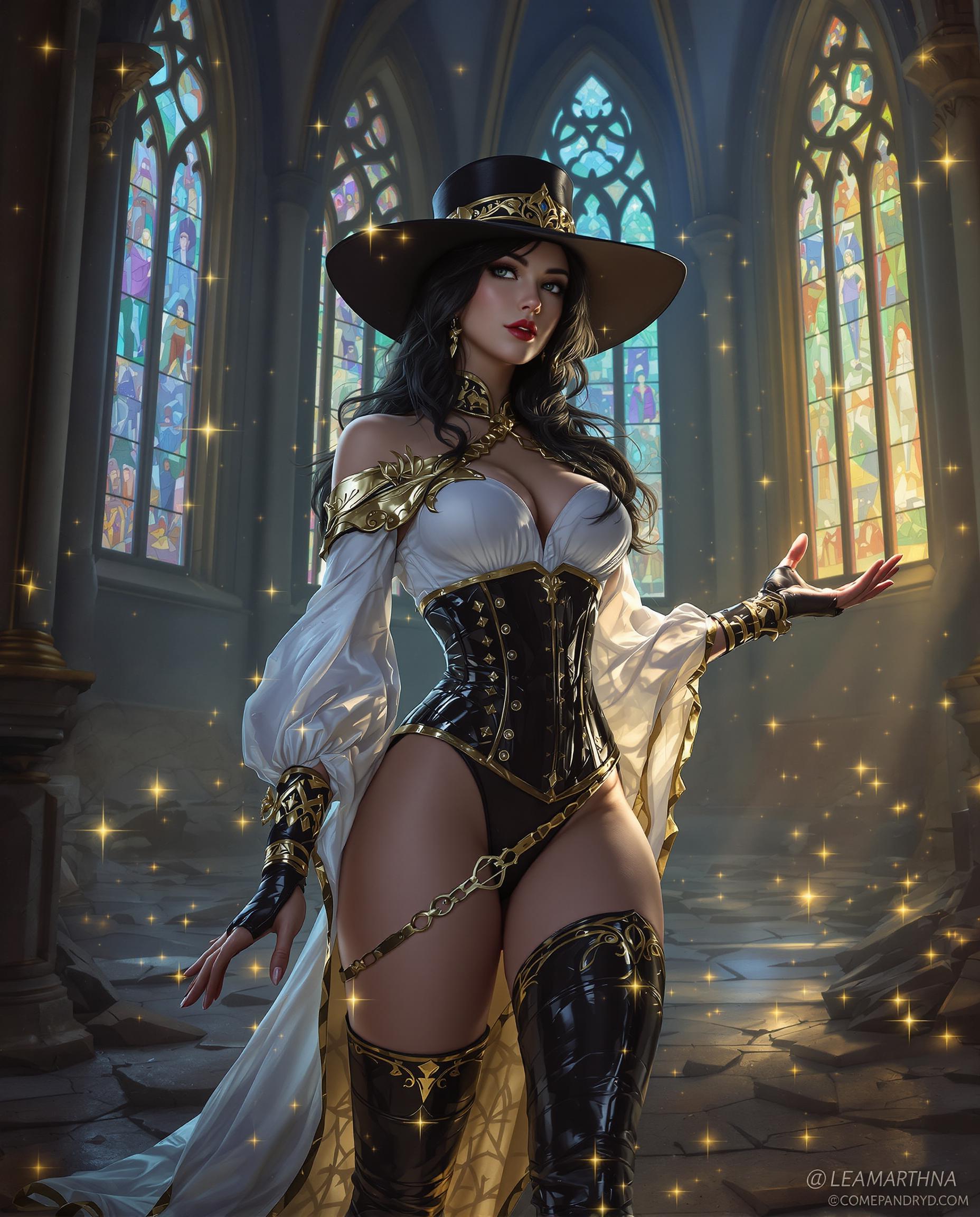 This is a realistic photo (photograph) of a female real person image that appears to be digitally created, showcasing a character in a fantasy setting. The art style is highly detailed and stylized, with a strong emphasis on the characters pose and the surrounding environment. The medium seems to be a digital painting, utilizing a high level of detail and texture to create a realistic and immersive scene. The lighting and shadows are expertly rendered, with a focus on the interplay of light and dark to create depth and dimension. The colors in the image are rich and vibrant, with a predominance of blues, blacks, and whites. The characters outfit is predominantly white with gold and black accents, which stand out against the darker background. The sparkling effects on the characters clothing and the surrounding environment add a touch of magic and fantasy to the scene.The objects in the image include the characters outfit, which consists of a white blouse with gold trim, a black corset, and a pair of shiny black thighhigh boots. The character is also wearing a widebrimmed hat with a black band and gold trim. The background features a gothic cathedral with pointed arches and stained glass windows, which casts a warm, golden light on the scene. The floor is made of stone, with cracks and debris scattered across it, and there are small, sparkling lights floating around, adding to the magical atmosphere of the setting.