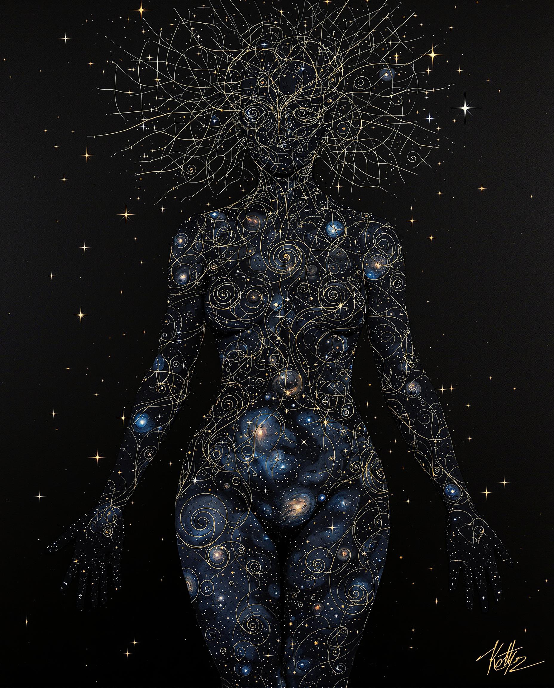 This image is a realistic photo (photograph) of a female real person digital artwork that exudes a sense of mystery and otherworldliness. The art style is reminiscent of surrealism, with a focus on dreamlike imagery and a blend of organic and cosmic elements.The medium appears to be a digital painting, utilizing advanced software to create a high level of detail and texture. The image is set against a dark, almost black background that serves to highlight the subject and the intricate patterns.The colors in the image are primarily dark and moody, with a few bright spots that add contrast and draw the eye. The predominant colors are shades of black, gray, and touches of blue and gold, which give the image a celestial feel. The patterns on the subjects body are a mix of swirling lines and shapes that resemble celestial bodies and natural forms, such as leaves and petals.The objects in the image are primarily the subjects body and the swirling patterns that adorn it. The subjects body is the central focus, with the patterns creating a sense of movement and fluidity. The patterns are reminiscent of galaxy images, with stars and nebulae scattered throughout, giving the impression that the subject is a part of the cosmos.Overall, the image is a captivating blend of human form and cosmic imagery, creating a sense of wonder and introspection. The use of dark colors and intricate patterns draws the viewer into a world that is both familiar and alien, inviting them to ponder the mysteries of the universe and their place within it.