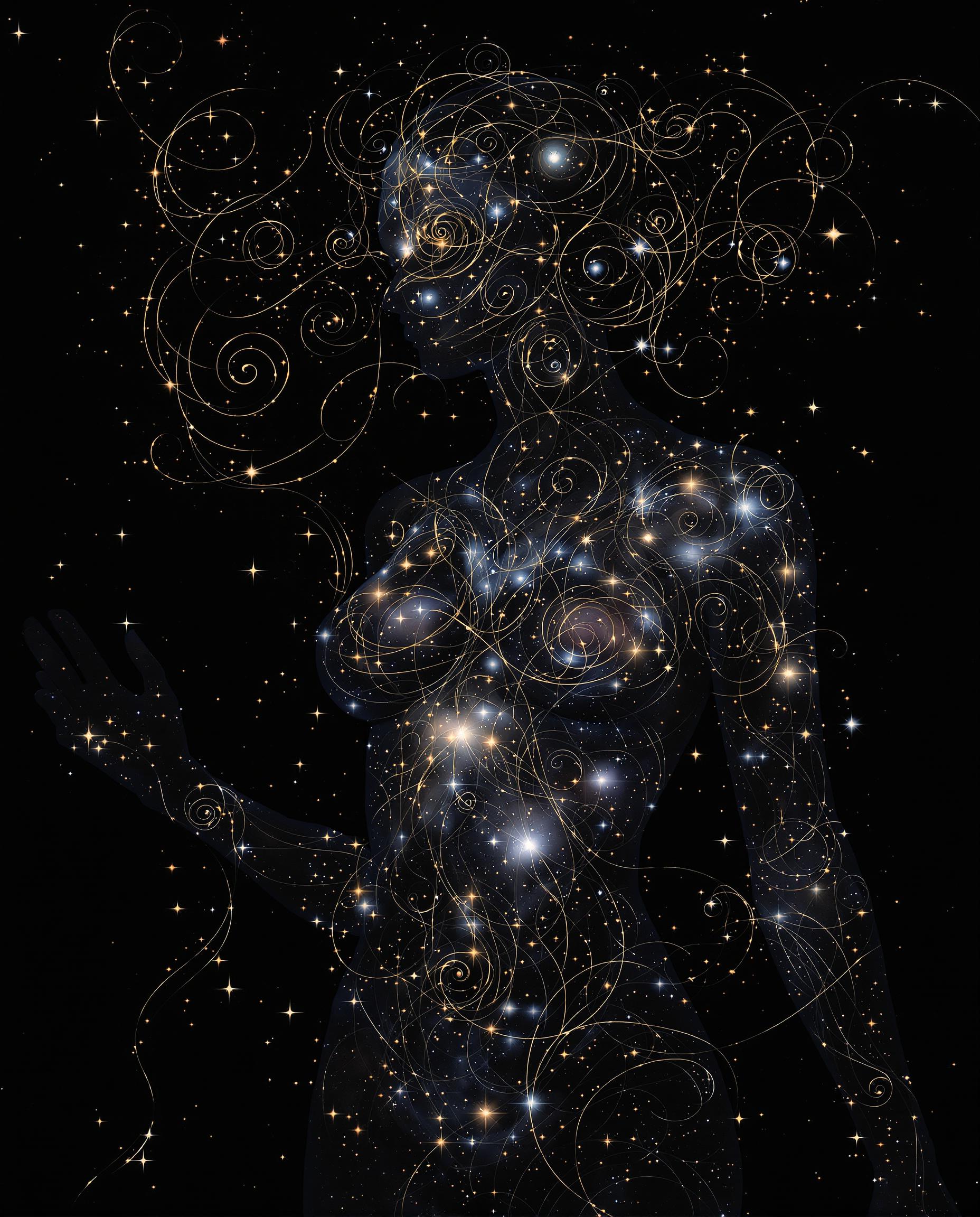 This image is a realistic photo (photograph) of a female real person digital artwork that exudes a sense of mystery and otherworldliness. The art style is reminiscent of surrealism, with a focus on dreamlike imagery and a blend of organic and cosmic elements.The medium appears to be a digital painting, utilizing advanced software to create a high level of detail and texture. The image is set against a dark, almost black background that serves to highlight the subject and the intricate patterns.The colors in the image are primarily dark and moody, with a few bright spots that add contrast and draw the eye. The predominant colors are shades of black, gray, and touches of blue and gold, which give the image a celestial feel. The patterns on the subjects body are a mix of swirling lines and shapes that resemble celestial bodies and natural forms, such as leaves and petals.The objects in the image are primarily the subjects body and the swirling patterns that adorn it. The subjects body is the central focus, with the patterns creating a sense of movement and fluidity. The patterns are reminiscent of galaxy images, with stars and nebulae scattered throughout, giving the impression that the subject is a part of the cosmos.Overall, the image is a captivating blend of human form and cosmic imagery, creating a sense of wonder and introspection. The use of dark colors and intricate patterns draws the viewer into a world that is both familiar and alien, inviting them to ponder the mysteries of the universe and their place within it.