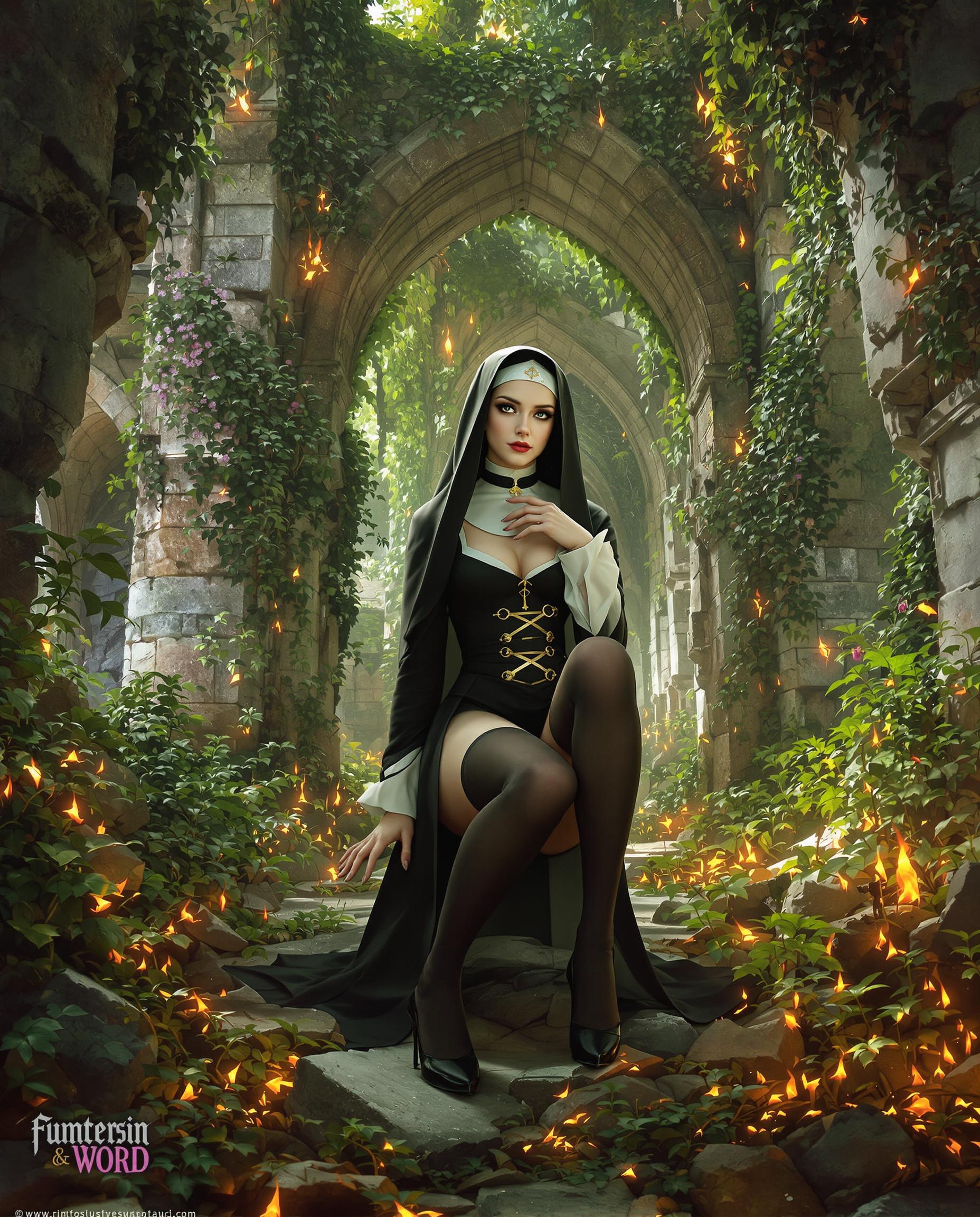 This image is a realistic photo (photograph) of a female real person digital artwork that combines elements of fantasy and gothic styles. The medium appears to be a high resolution digital painting, utilizing advanced rendering techniques to create a realistic and immersive visual experience. The art style is rich in detail and texture, with a focus on the interplay of light and shadow to create a dramatic and atmospheric effect. The use of perspective and composition is masterful, drawing the viewers eye through the scene and highlighting the central figure.The colors are vibrant and dynamic, with a predominance of greens, browns, and grays that evoke a sense of ancient decay and the encroachment of nature. The interplay of light and shadow adds depth and contrast, while the use of highlights and glows on the character and surrounding flora gives the image a magical and ethereal quality.The objects in the image are numerous and varied. The central figure is a woman dressed in a gothic nuns habit, with a black and white color scheme and gold accents. Her attire is detailed with lace and buckles, and she wears thighhigh stockings with bows. Her pose is suggestive and dynamic, with one knee bent and the other extended backward, and her arms resting on her thighs. The setting is a ruined stone structure, possibly a church or abbey, surrounded by a dense forest. The walls are overgrown with ivy and moss, and the arches are filled with foliage. The floor is strewn with rocks and small plants, and there are glowing embers scattered throughout, adding to the magical atmosphere of the scene. Overall, the image is a rich and immersive depiction of a fantasy world, filled with detail, texture, and atmosphere, and designed to evoke a sense of wonder and enchantment.