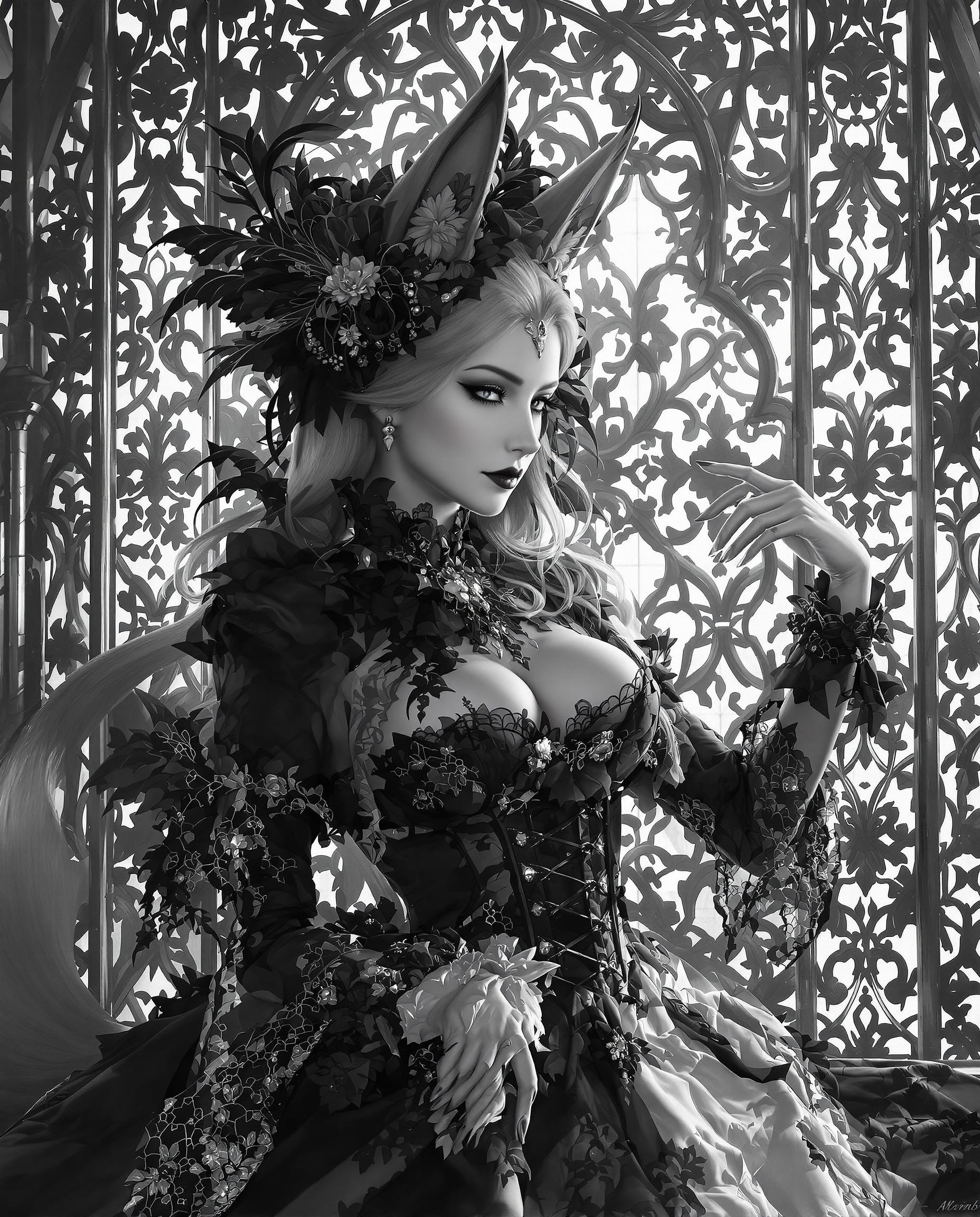 This image is a realistic photo (photograph) of a female real person highly detailed and stylized digital illustration, predominantly in black and white with selective use of grayscale tones. The art style is realistic with a gothic and fantasy influence, characterized by its intricate line work, dramatic shading, and the presence of fantastical elements.The subject of the image is a figure with a foxlike appearance, including pointed ears and a tail, which is a common trope in gothic and fantasy realism. The figure is adorned in elaborate gothic inspired attire that features lace, ruffles, and floral motifs, which are intricately designed and layered. The clothing is predominantly black with touches of white and gray, and the textures are rendered with a high degree of realism, giving the fabric a soft, almost velvety appearance.The figures pose is dynamic and graceful, with one arm extended and the other bent at the elbow, as if caught in a moment of movement or contemplation. The fingers are delicately poised, with one hand gently touching the hair and the other slightly raised. The figures attire is detailed with lace cuffs and a corsetstyle bodice that accentuates the figures silhouette, contributing to the overall dramatic and elegant aesthetic.The background of the image is a complex and ornate lattice of metalwork, reminiscent of a gothic window or a trellis. The lattice is filled with intricate floral and geometric patterns, and it casts a dappled light across the scene, creating a play of light and shadow that adds depth and dimension to the image. The light source appears to be coming from the top left corner, illuminating the figure and the lattice, and casting the rest of the scene in a more subdued light.The medium of the image is digital painting, as evidenced by the smooth gradients, seamless blending of colors, and the absence of brush strokes or other traditional painting techniques. The colors used are primarily black, white, and shades of gray, with touches of silver and gold to highlight the textures and details of the figures clothing and the lattice in the background.Overall, the image exudes a sense of elegance, mystery, and fantasy, with a strong emphasis on the interplay of light, shadow, and texture, and the blending of gothic and fantasy elements with realistic influences.
