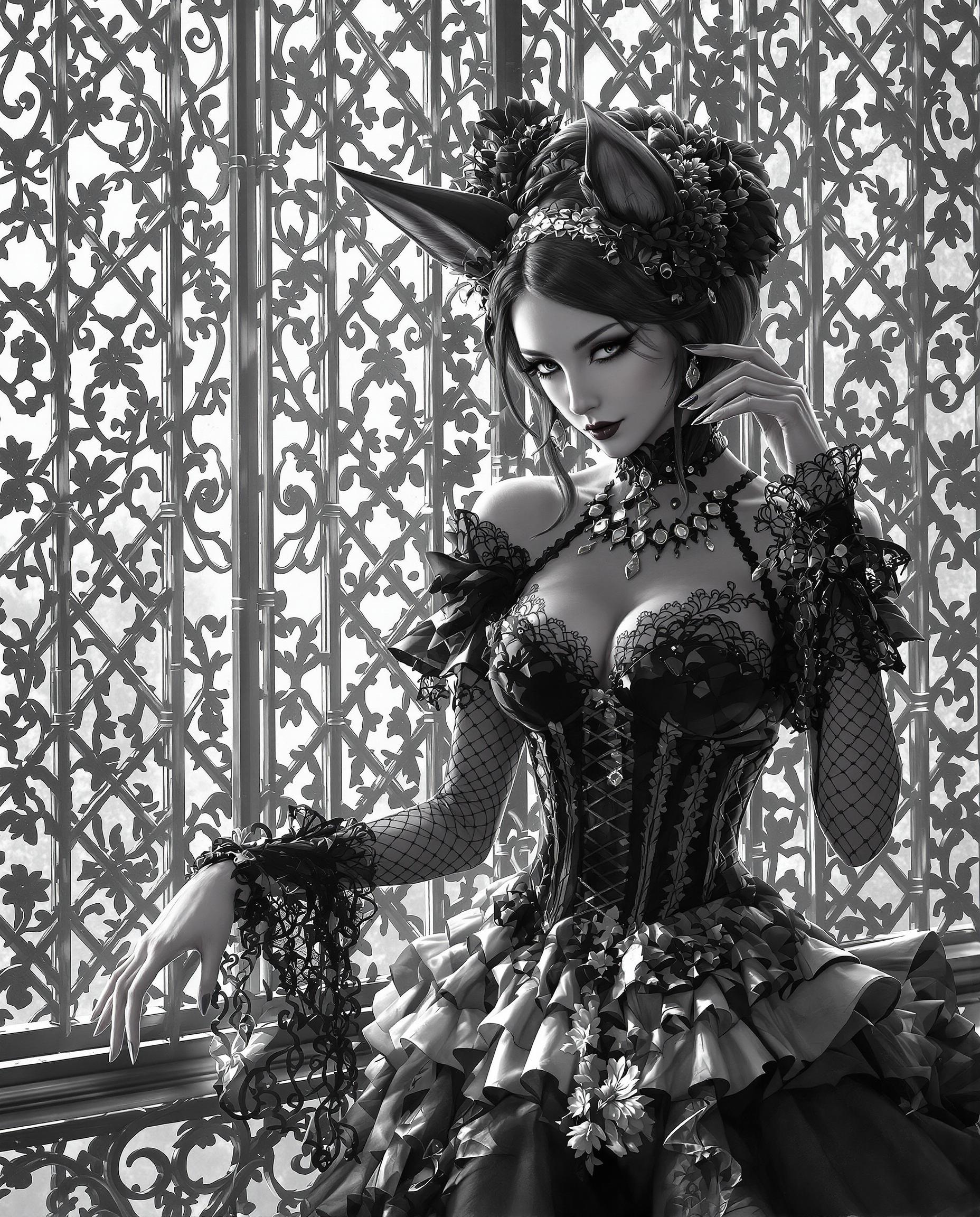 This image is a realistic photo (photograph) of a female real person highly detailed and stylized digital illustration, predominantly in black and white with selective use of grayscale tones. The art style is realistic with a gothic and fantasy influence, characterized by its intricate line work, dramatic shading, and the presence of fantastical elements.The subject of the image is a figure with a foxlike appearance, including pointed ears and a tail, which is a common trope in gothic and fantasy realism. The figure is adorned in elaborate gothic inspired attire that features lace, ruffles, and floral motifs, which are intricately designed and layered. The clothing is predominantly black with touches of white and gray, and the textures are rendered with a high degree of realism, giving the fabric a soft, almost velvety appearance.The figures pose is dynamic and graceful, with one arm extended and the other bent at the elbow, as if caught in a moment of movement or contemplation. The fingers are delicately poised, with one hand gently touching the hair and the other slightly raised. The figures attire is detailed with lace cuffs and a corsetstyle bodice that accentuates the figures silhouette, contributing to the overall dramatic and elegant aesthetic.The background of the image is a complex and ornate lattice of metalwork, reminiscent of a gothic window or a trellis. The lattice is filled with intricate floral and geometric patterns, and it casts a dappled light across the scene, creating a play of light and shadow that adds depth and dimension to the image. The light source appears to be coming from the top left corner, illuminating the figure and the lattice, and casting the rest of the scene in a more subdued light.The medium of the image is digital painting, as evidenced by the smooth gradients, seamless blending of colors, and the absence of brush strokes or other traditional painting techniques. The colors used are primarily black, white, and shades of gray, with touches of silver and gold to highlight the textures and details of the figures clothing and the lattice in the background.Overall, the image exudes a sense of elegance, mystery, and fantasy, with a strong emphasis on the interplay of light, shadow, and texture, and the blending of gothic and fantasy elements with realistic influences.