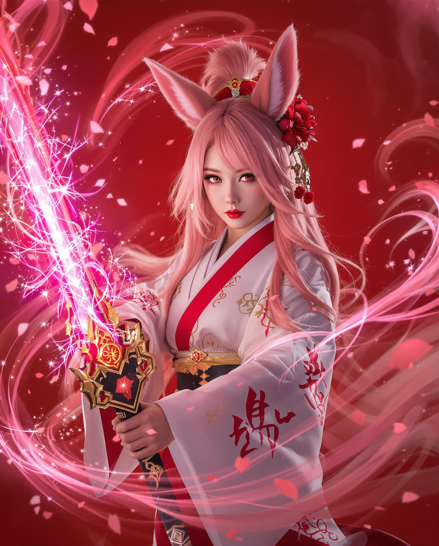 A highly detailed DSLR photograph of a striking female figure with long flowing pink hair, foxlike ears, and vivid red eyes, gazing intensely at the viewer while wielding a large ornately decorated sword emitting a radiant pink glow and sparkling magical energy, dressed in a traditional white and red kimono with intricate patterns, golden accents, black obi, red flower hair accessory, and golden brooch. The dramatic red background features swirling magical auras and delicate cherry blossom petals, captured with cinematic lighting, shallow depth of field from a 50mm lens, and ultra-realistic 8K textures evoking mystique and power.