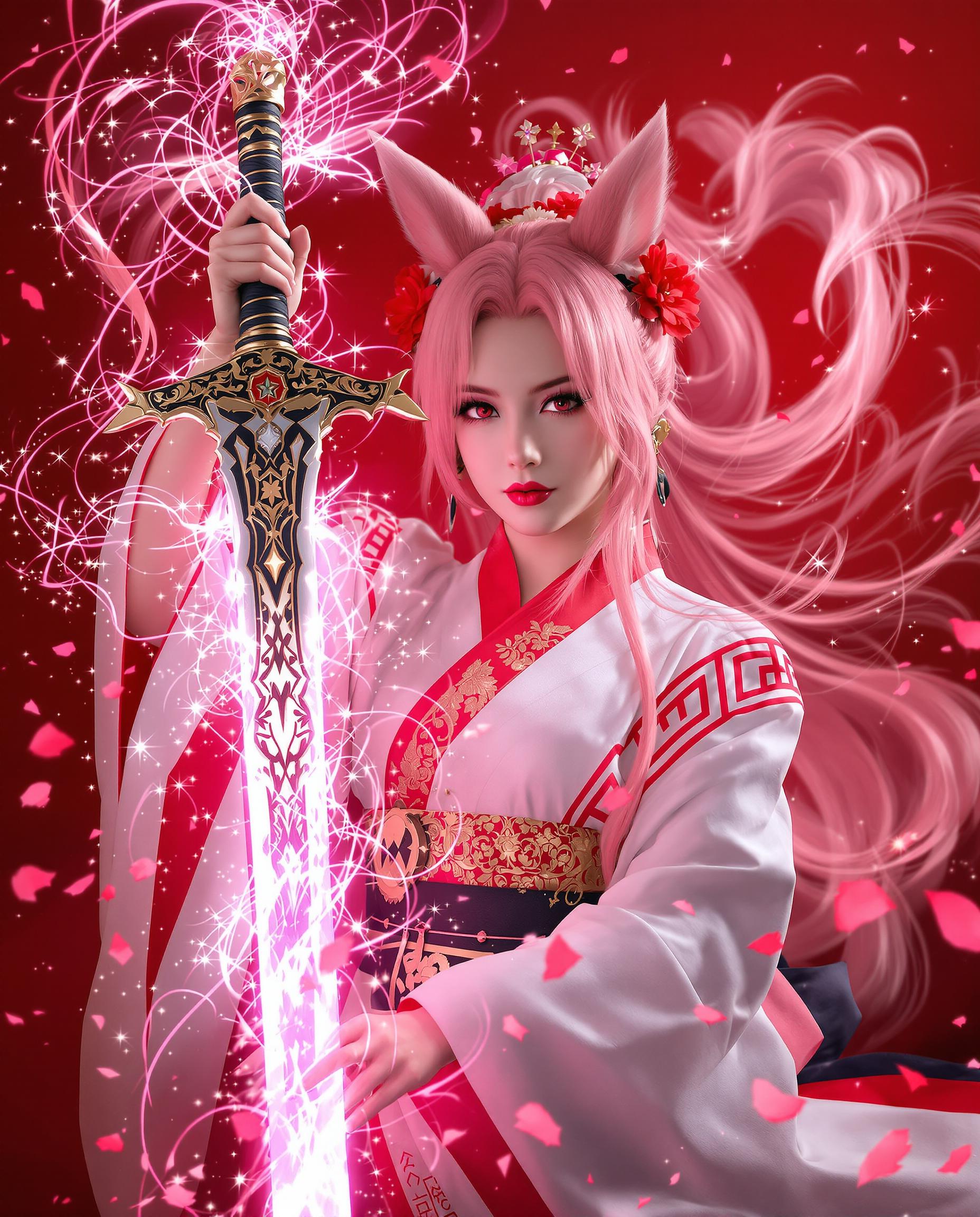 A highly detailed DSLR photograph of a striking female figure with long flowing pink hair, foxlike ears, and vivid red eyes, gazing intensely at the viewer while wielding a large ornately decorated sword emitting a radiant pink glow and sparkling magical energy, dressed in a traditional white and red kimono with intricate patterns, golden accents, black obi, red flower hair accessory, and golden brooch. The dramatic red background features swirling magical auras and delicate cherry blossom petals, captured with cinematic lighting, shallow depth of field from a 50mm lens, and ultra-realistic 8K textures evoking mystique and power.