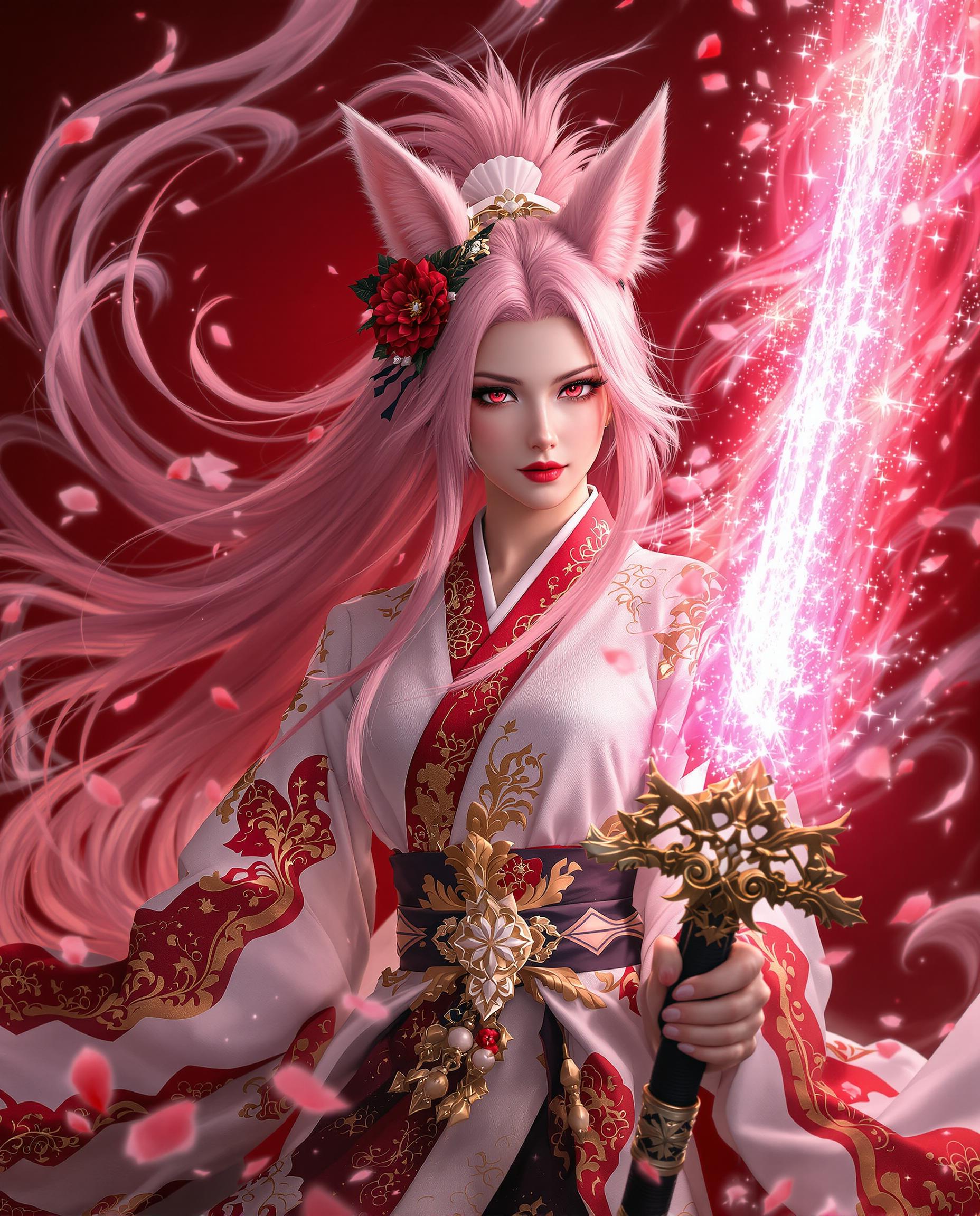 A highly detailed DSLR photograph of a striking female figure with long flowing pink hair, foxlike ears, and vivid red eyes, gazing intensely at the viewer while wielding a large ornately decorated sword emitting a radiant pink glow and sparkling magical energy, dressed in a traditional white and red kimono with intricate patterns, golden accents, black obi, red flower hair accessory, and golden brooch. The dramatic red background features swirling magical auras and delicate cherry blossom petals, captured with cinematic lighting, shallow depth of field from a 50mm lens, and ultra-realistic 8K textures evoking mystique and power.