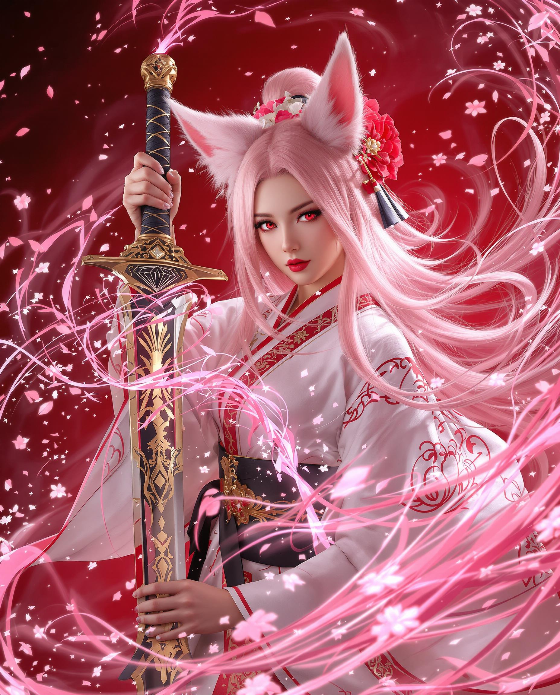 A highly detailed DSLR photograph of a striking female figure with long flowing pink hair, foxlike ears, and vivid red eyes, gazing intensely at the viewer while wielding a large ornately decorated sword emitting a radiant pink glow and sparkling magical energy, dressed in a traditional white and red kimono with intricate patterns, golden accents, black obi, red flower hair accessory, and golden brooch. The dramatic red background features swirling magical auras and delicate cherry blossom petals, captured with cinematic lighting, shallow depth of field from a 50mm lens, and ultra-realistic 8K textures evoking mystique and power.